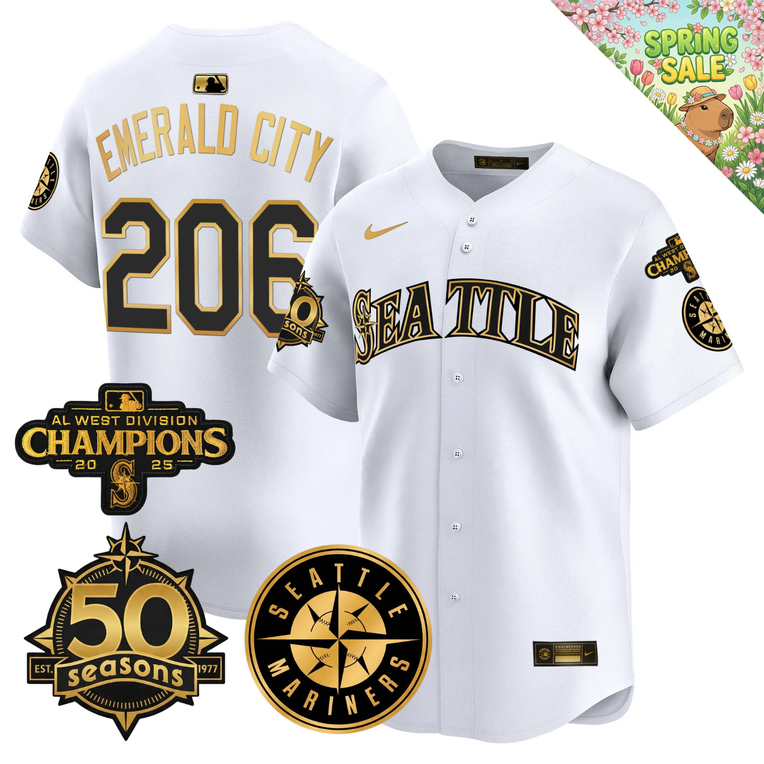 SEA Vapor Limited Gold Jersey - 50th Anniversary & 2025 AL West Champs Patch - Stitched