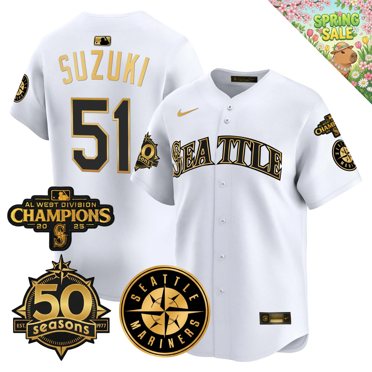 SEA Vapor Limited Gold Jersey - 50th Anniversary & 2025 AL West Champs Patch - Stitched
