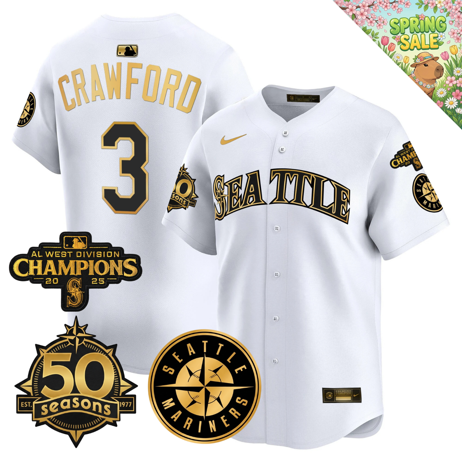 SEA Vapor Limited Gold Jersey - 50th Anniversary & 2025 AL West Champs Patch - Stitched
