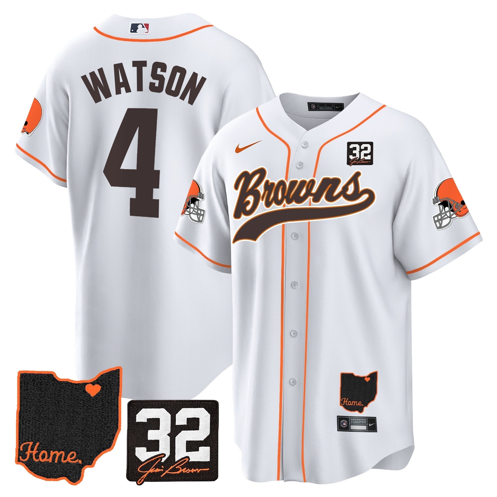 Browns #32 Jim Brown Memorial & Home Patch Baseball Jersey V2 - Stitched
