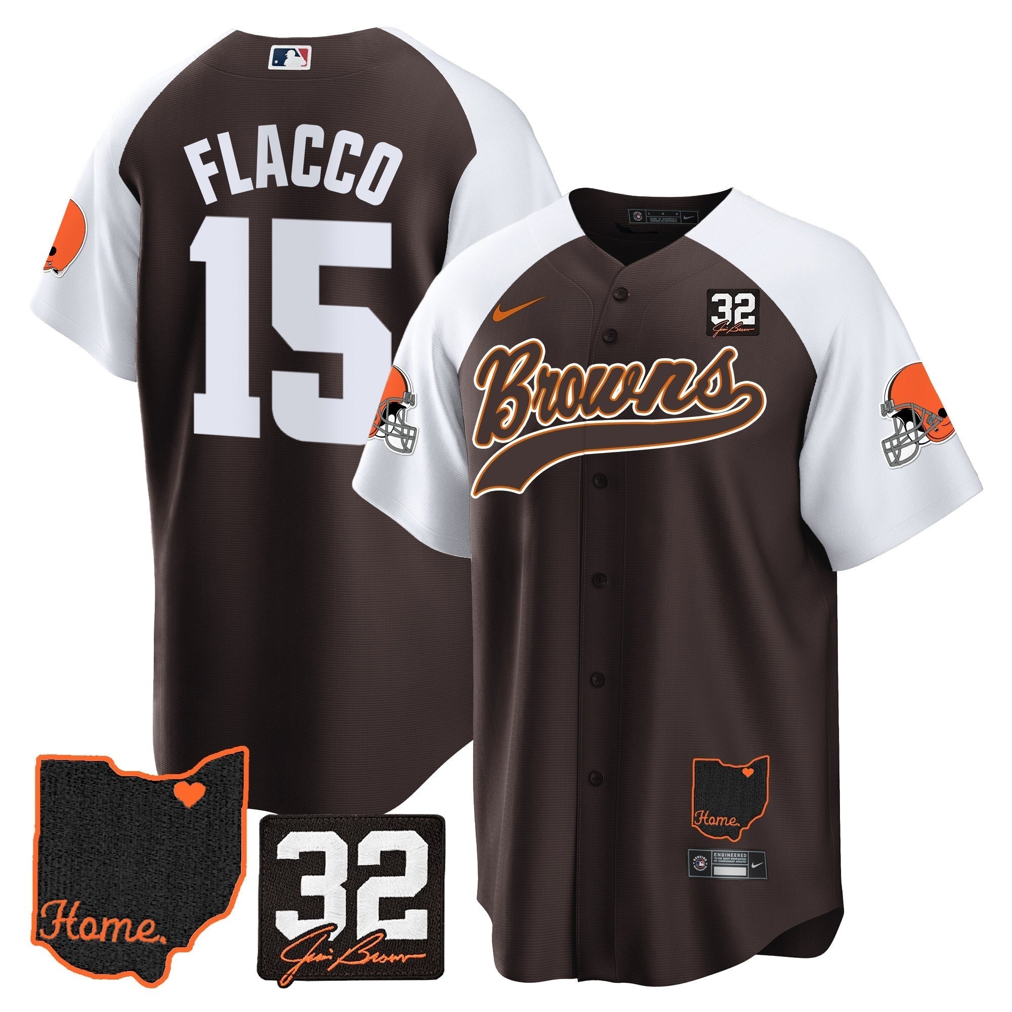 Browns #32 Jim Brown Memorial & Home Patch Baseball Jersey V2 - Stitched