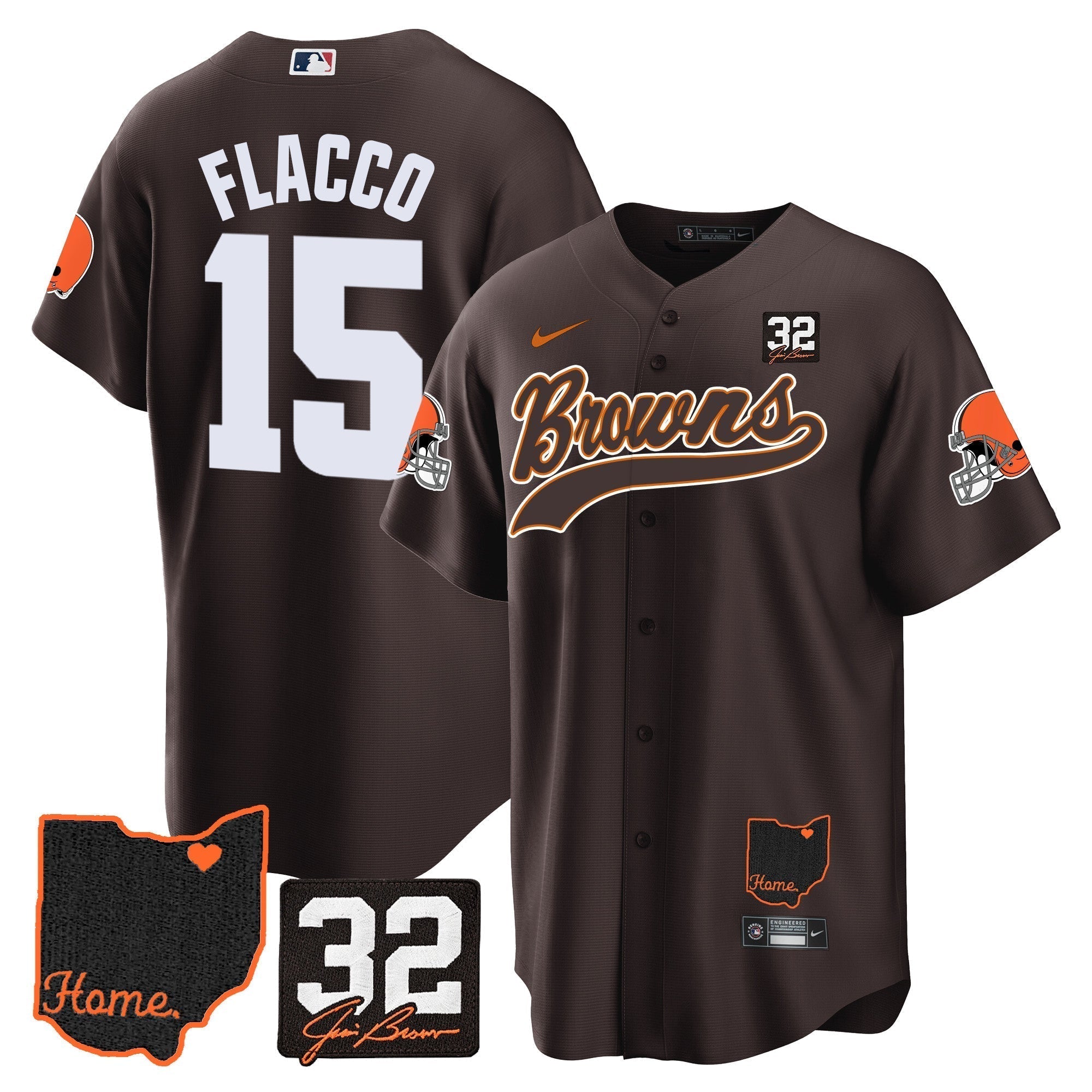 Browns #32 Jim Brown Memorial & Home Patch Baseball Jersey V2 - Stitched