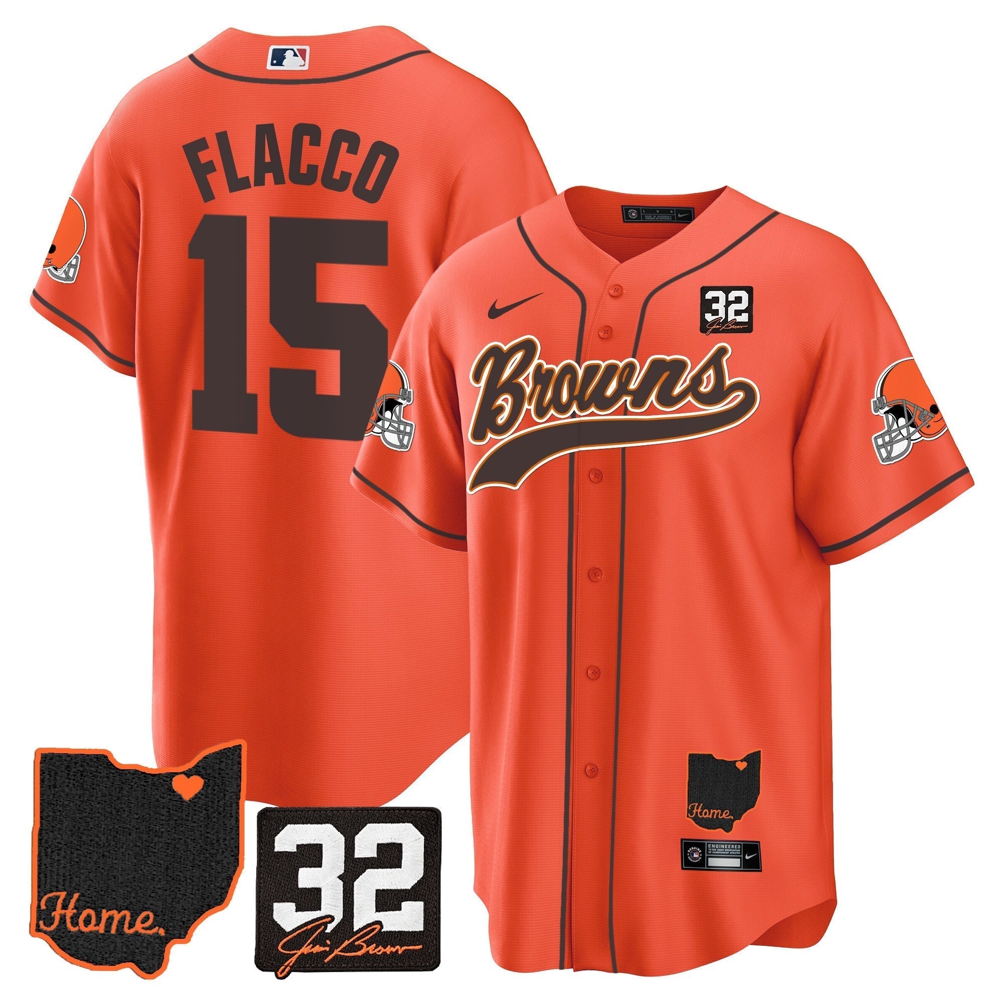 Browns #32 Jim Brown Memorial & Home Patch Baseball Jersey V2 - Stitched