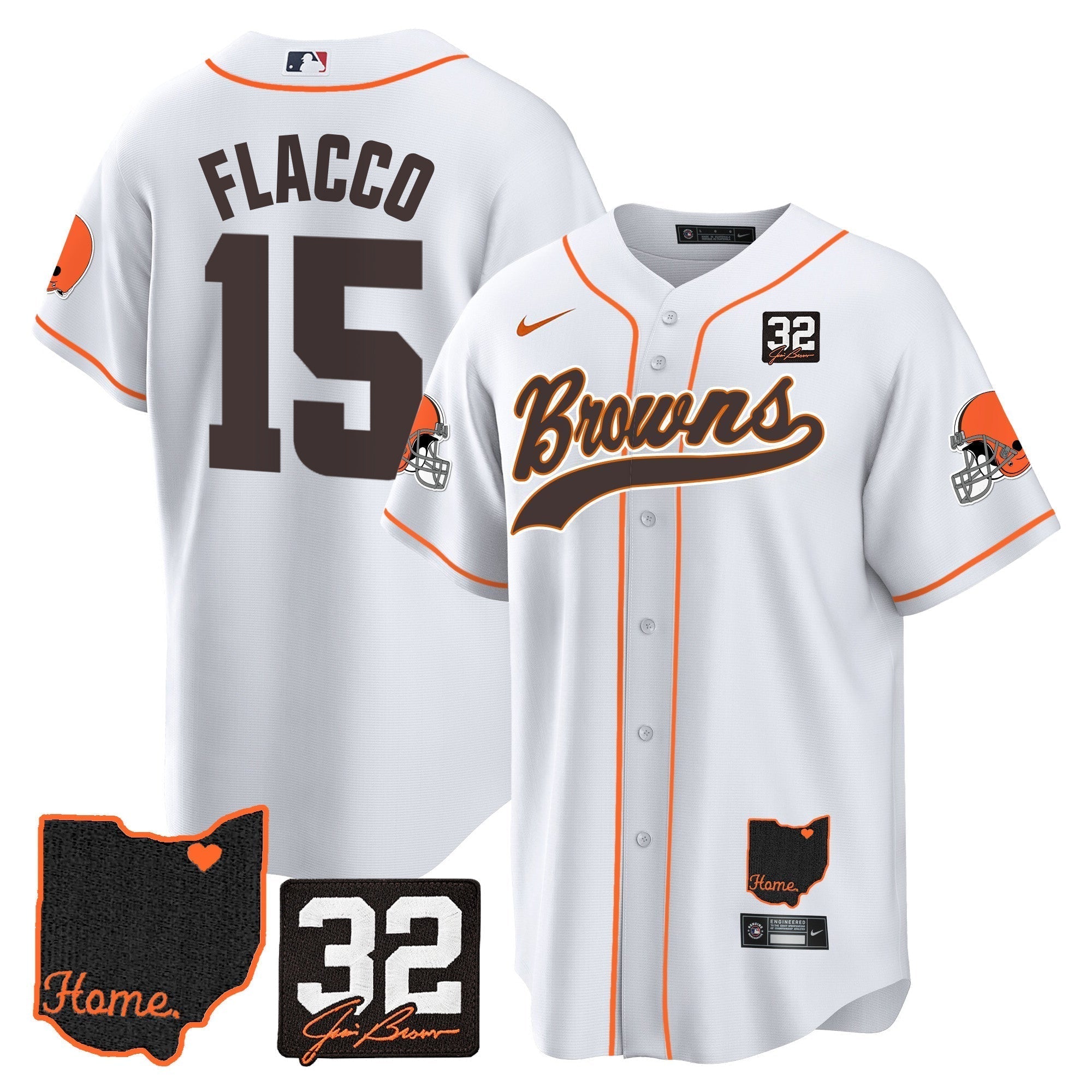 Browns #32 Jim Brown Memorial & Home Patch Baseball Jersey V2 - Stitched