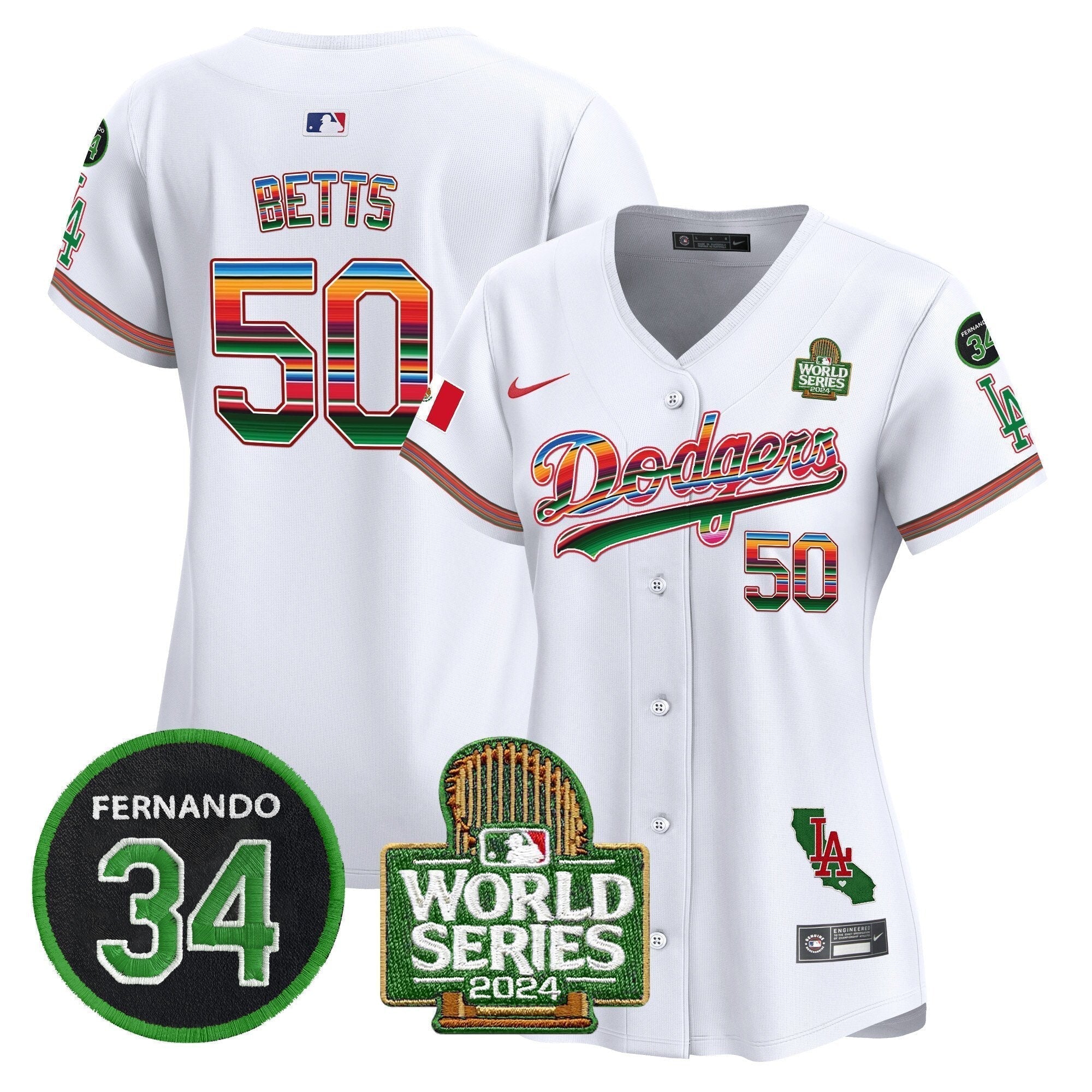 Women's Dodgers Mexico Fernando Memorial & 2024 World Series Patch Vapor Premier Limited Jersey V2 - Stitched