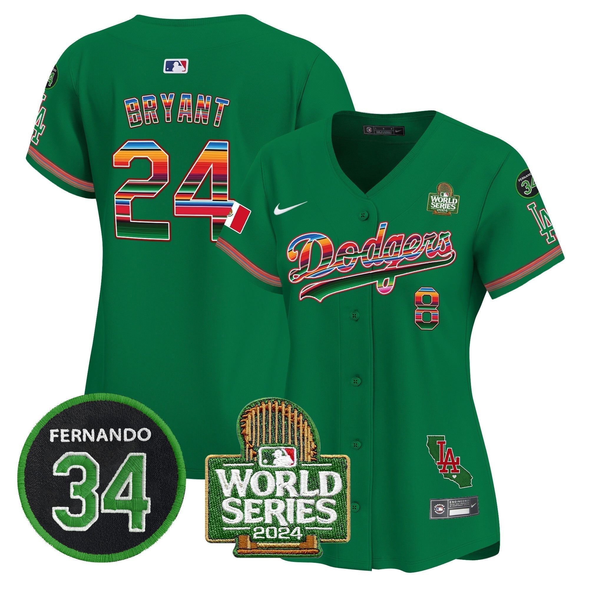 Women's Dodgers Mexico Fernando Memorial & 2024 World Series Patch Vapor Premier Limited Jersey V2 - Stitched