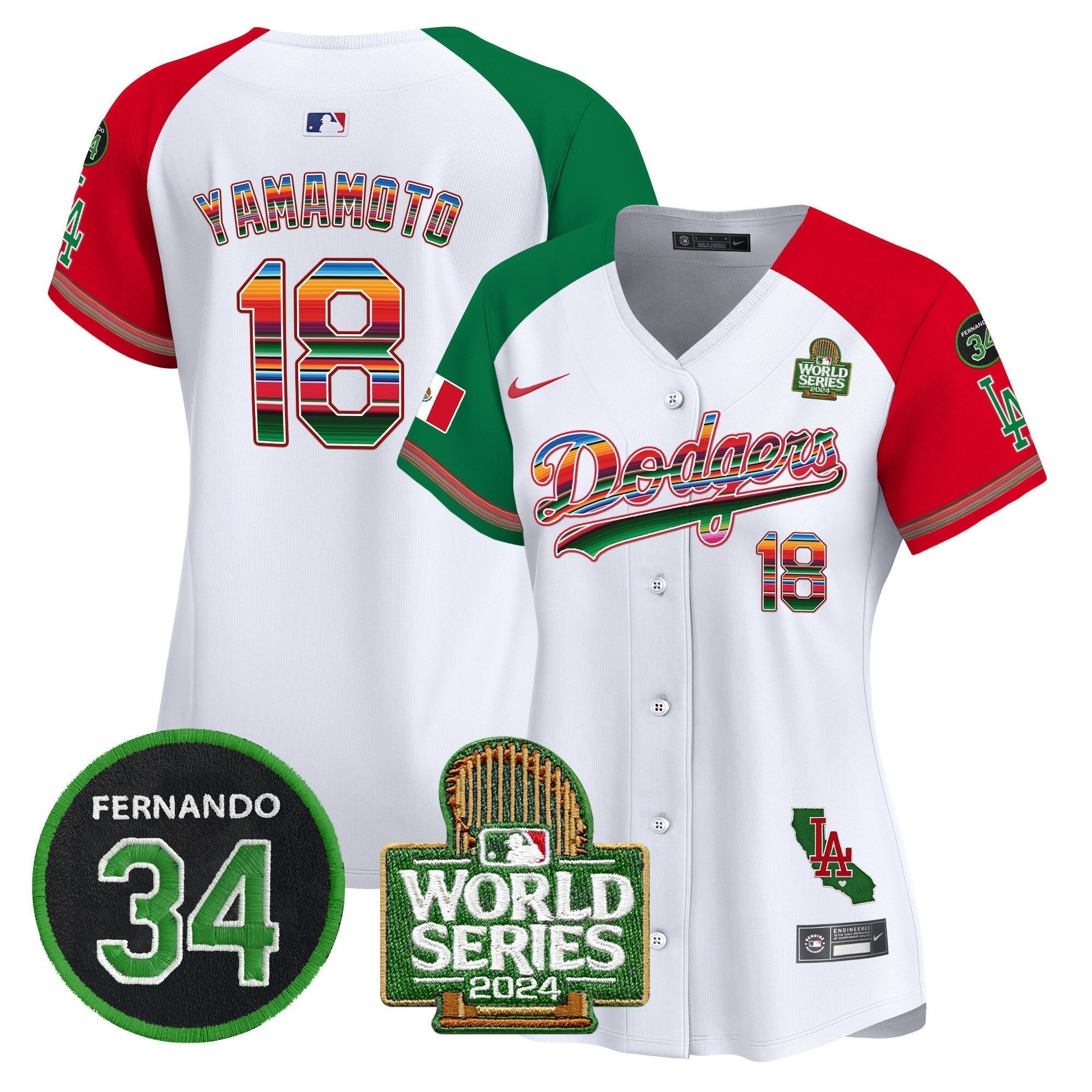 Women's Dodgers Mexico Fernando Memorial & 2024 World Series Patch Vapor Premier Limited Jersey V2 - Stitched