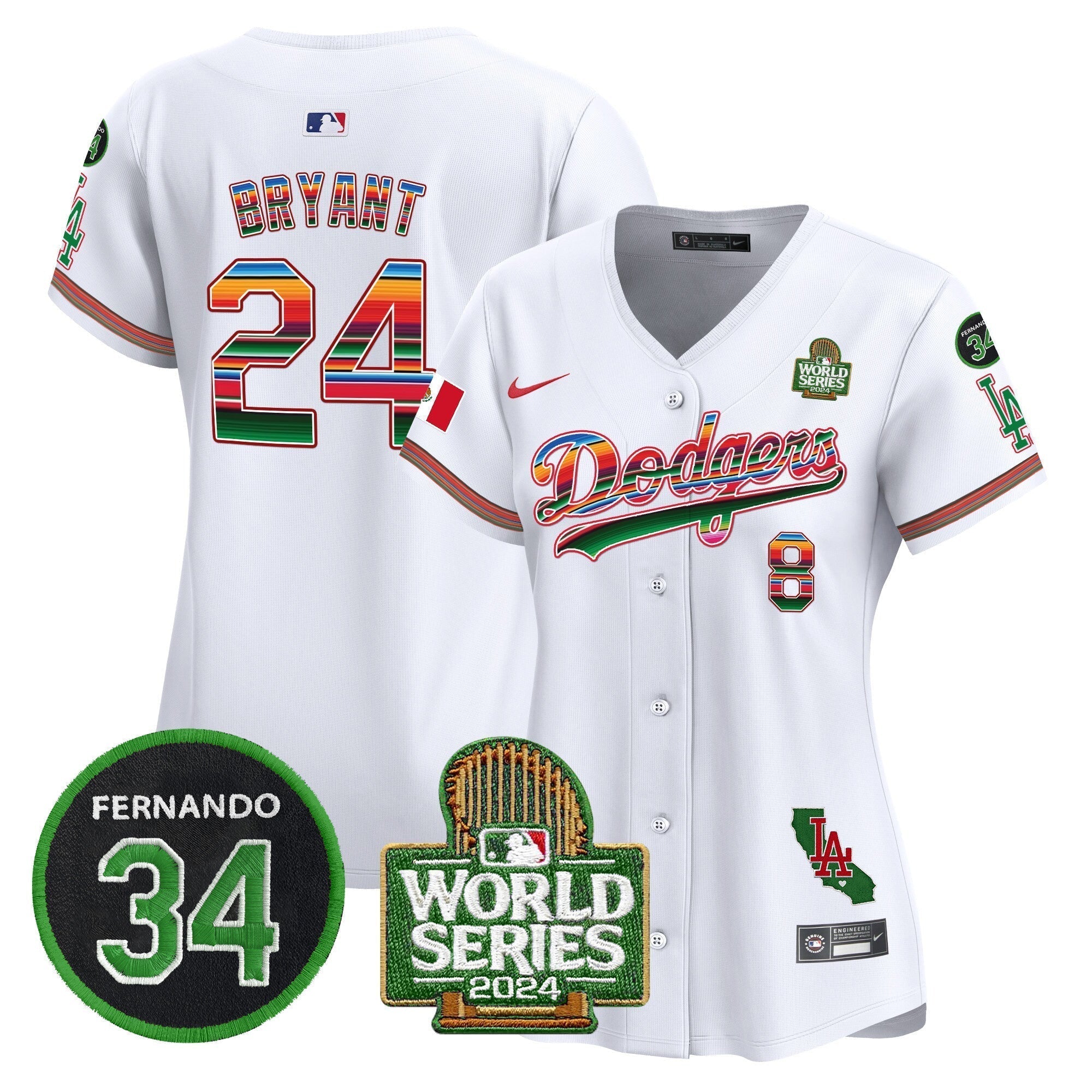 Women's Dodgers Mexico Fernando Memorial & 2024 World Series Patch Vapor Premier Limited Jersey V2 - Stitched