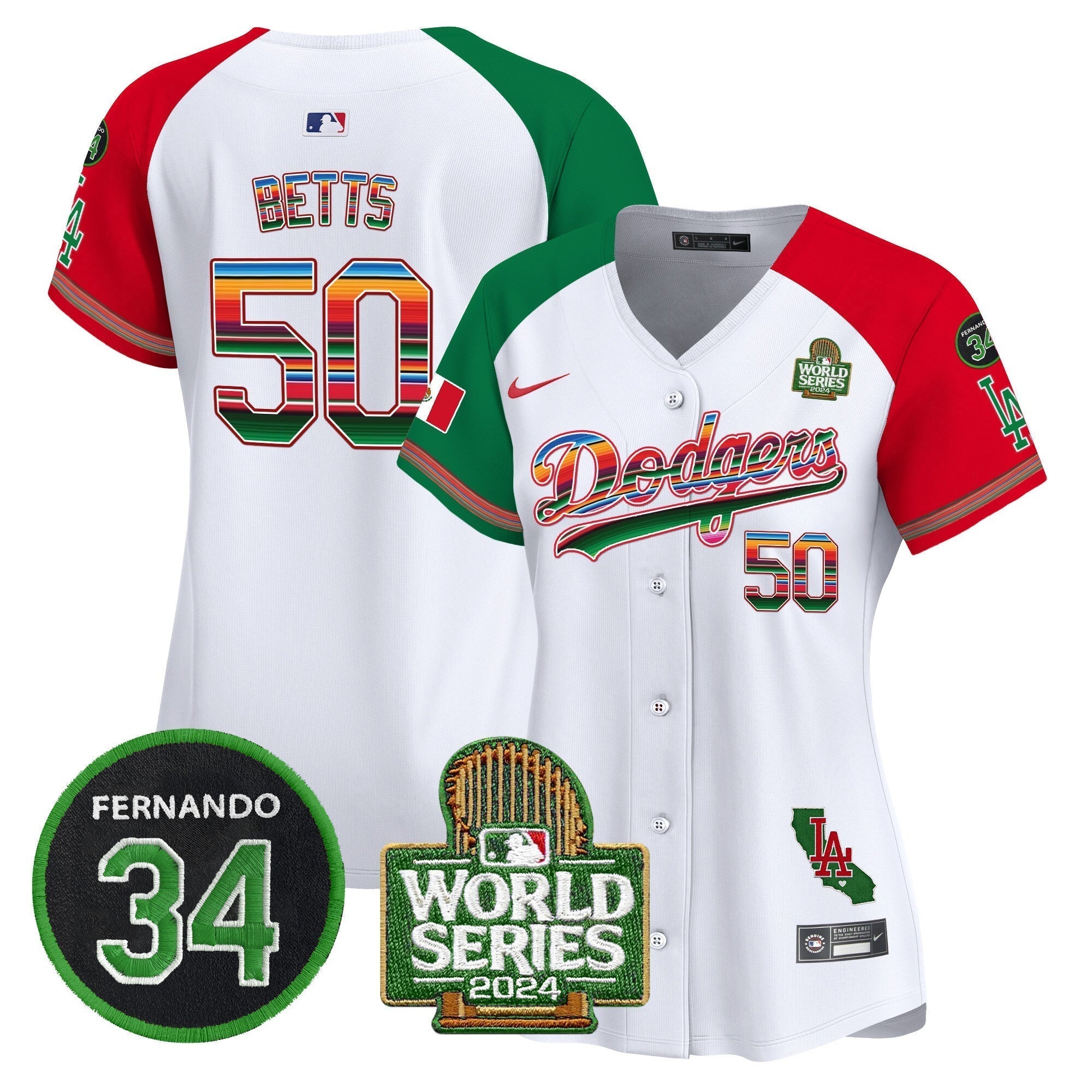 Women's Dodgers Mexico Fernando Memorial & 2024 World Series Patch Vapor Premier Limited Jersey V2 - Stitched