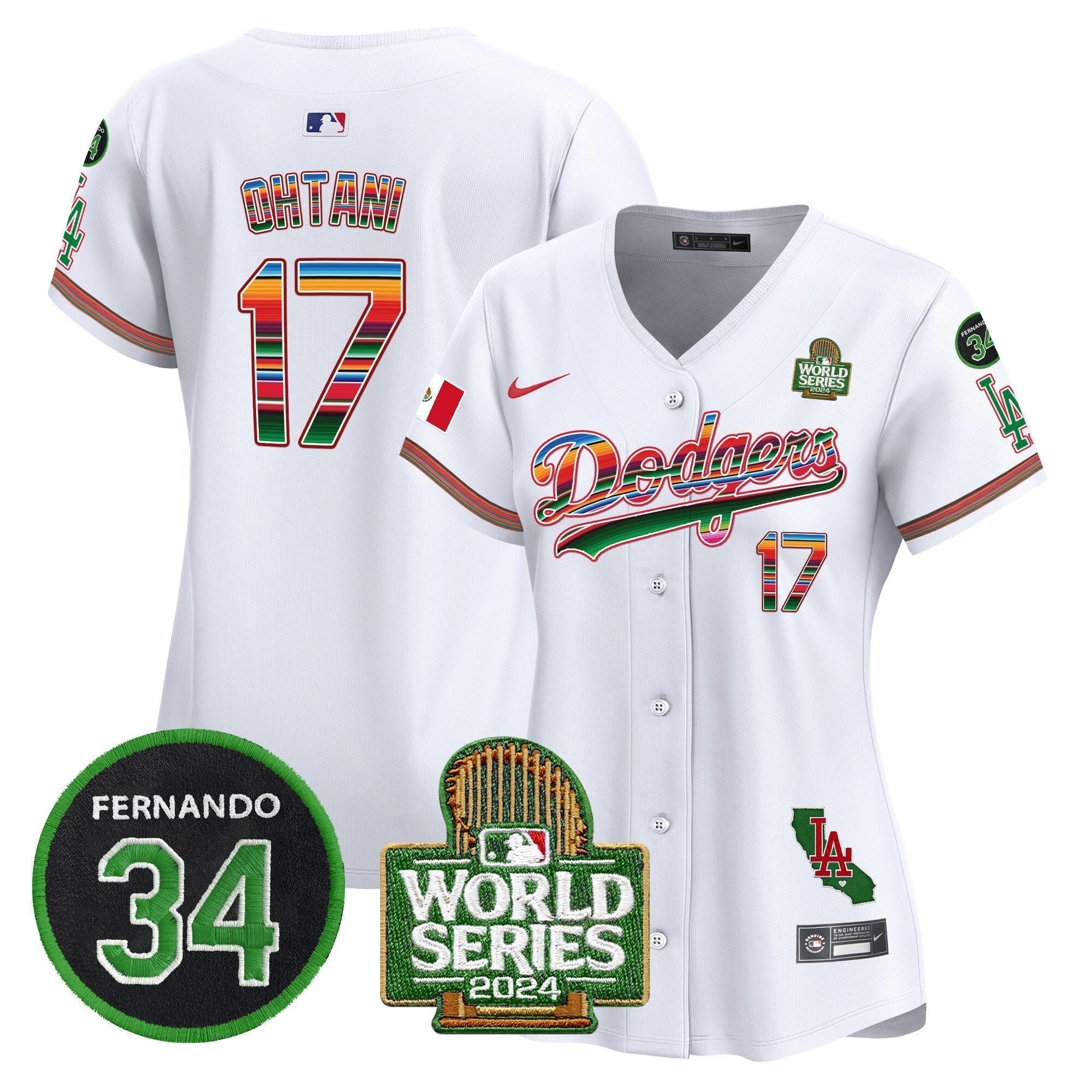 Women's Dodgers Mexico Fernando Memorial & 2024 World Series Patch Vapor Premier Limited Jersey V2 - Stitched