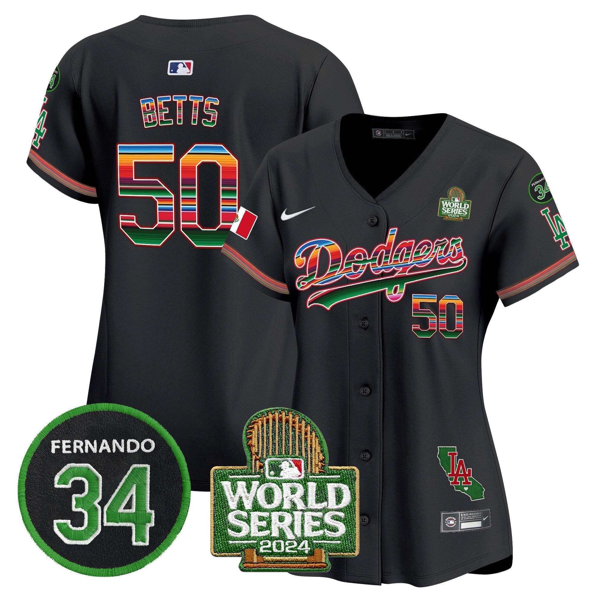 Women's Dodgers Mexico Fernando Memorial & 2024 World Series Patch Vapor Premier Limited Jersey V2 - Stitched