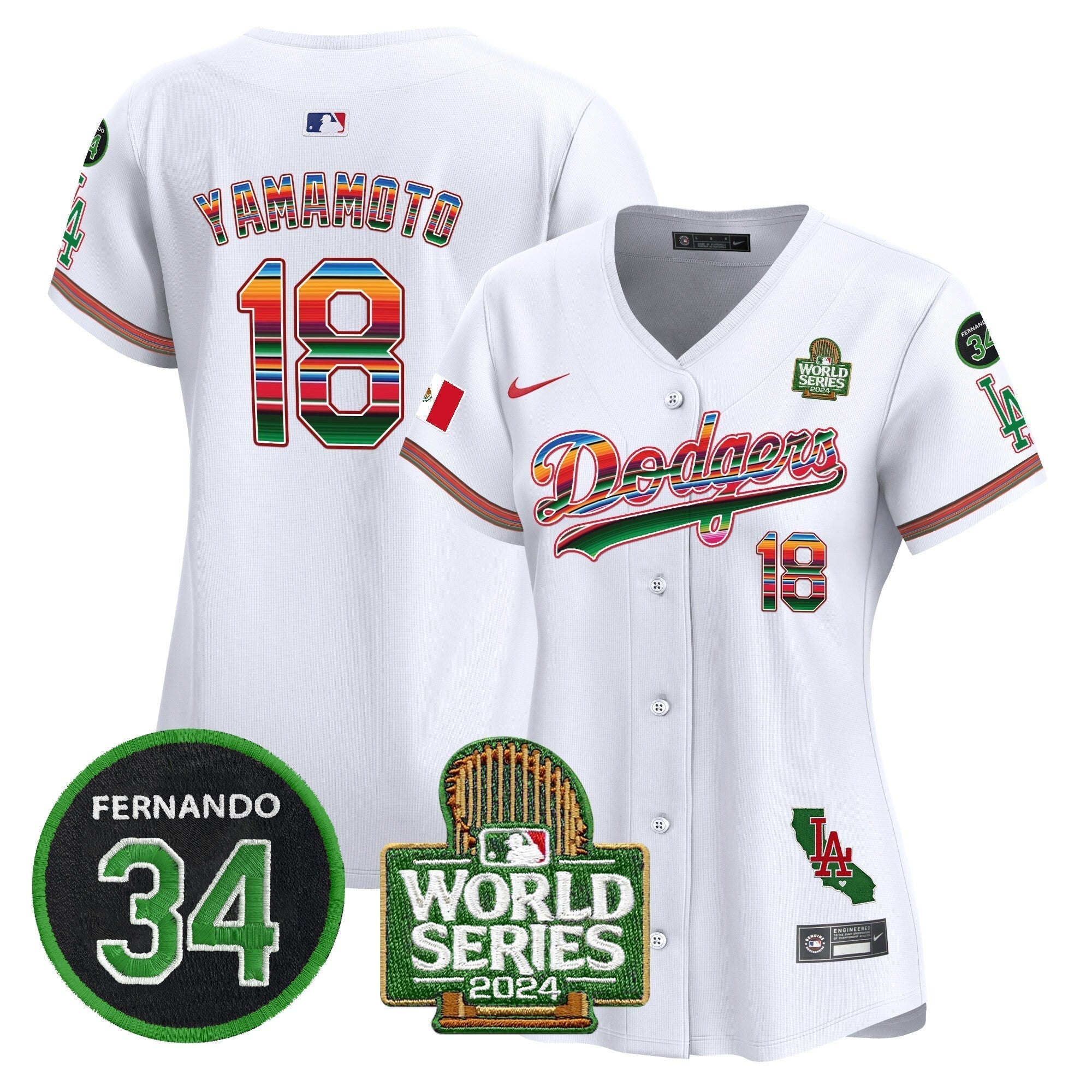 Women's Dodgers Mexico Fernando Memorial & 2024 World Series Patch Vapor Premier Limited Jersey V2 - Stitched