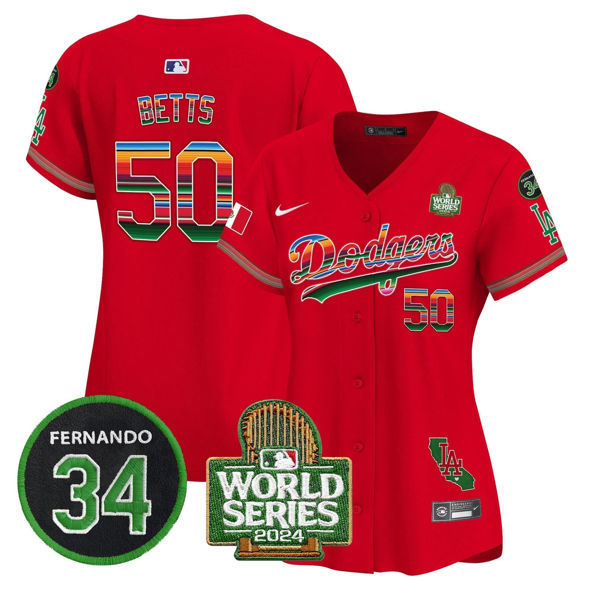 Women's Dodgers Mexico Fernando Memorial & 2024 World Series Patch Vapor Premier Limited Jersey V2 - Stitched