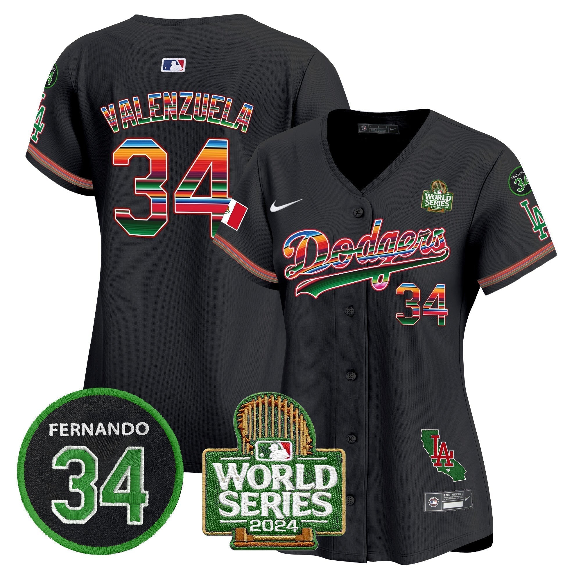 Women's Dodgers Mexico Fernando Memorial & 2024 World Series Patch Vapor Premier Limited Jersey V2 - Stitched