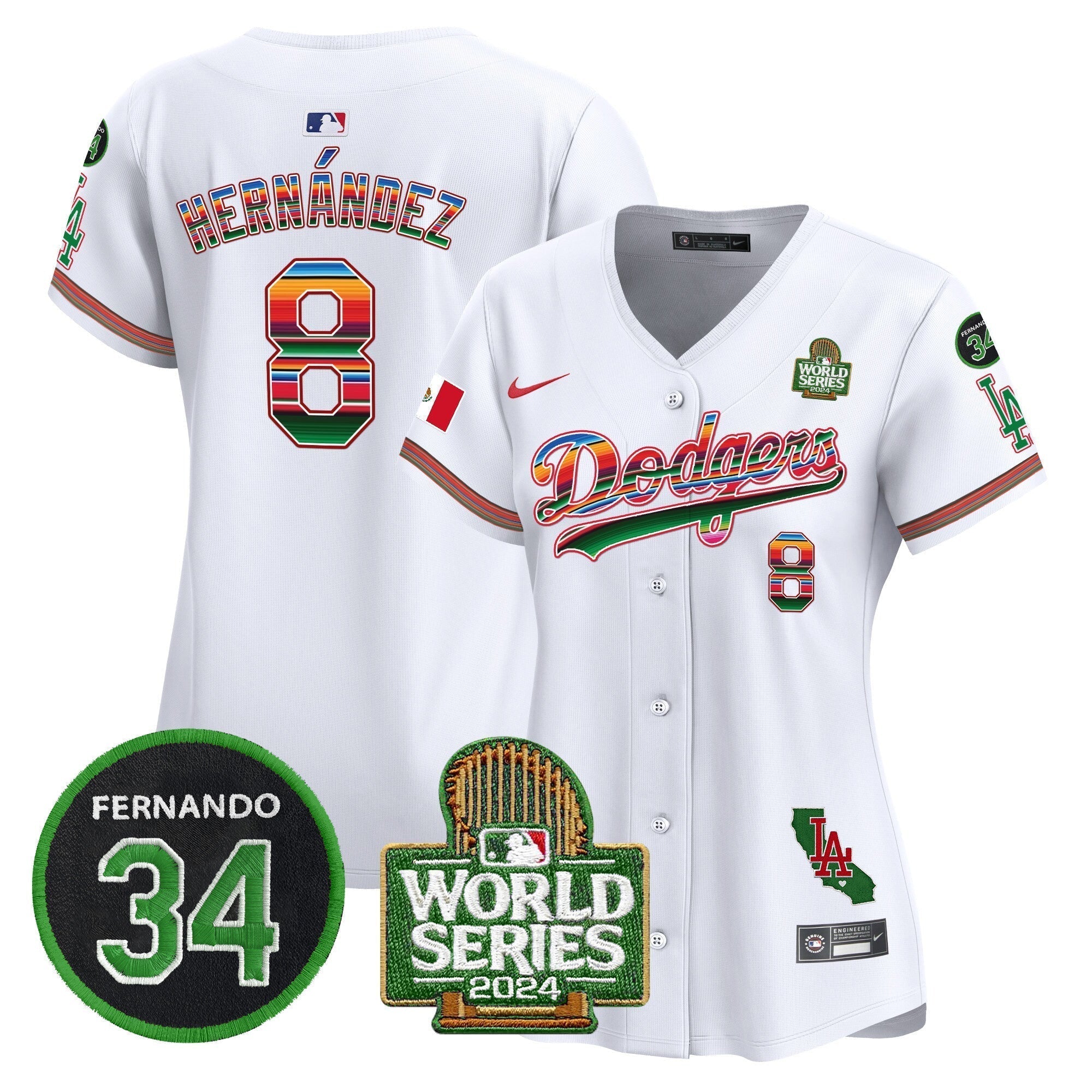 Women's Dodgers Mexico Fernando Memorial & 2024 World Series Patch Vapor Premier Limited Jersey V2 - Stitched