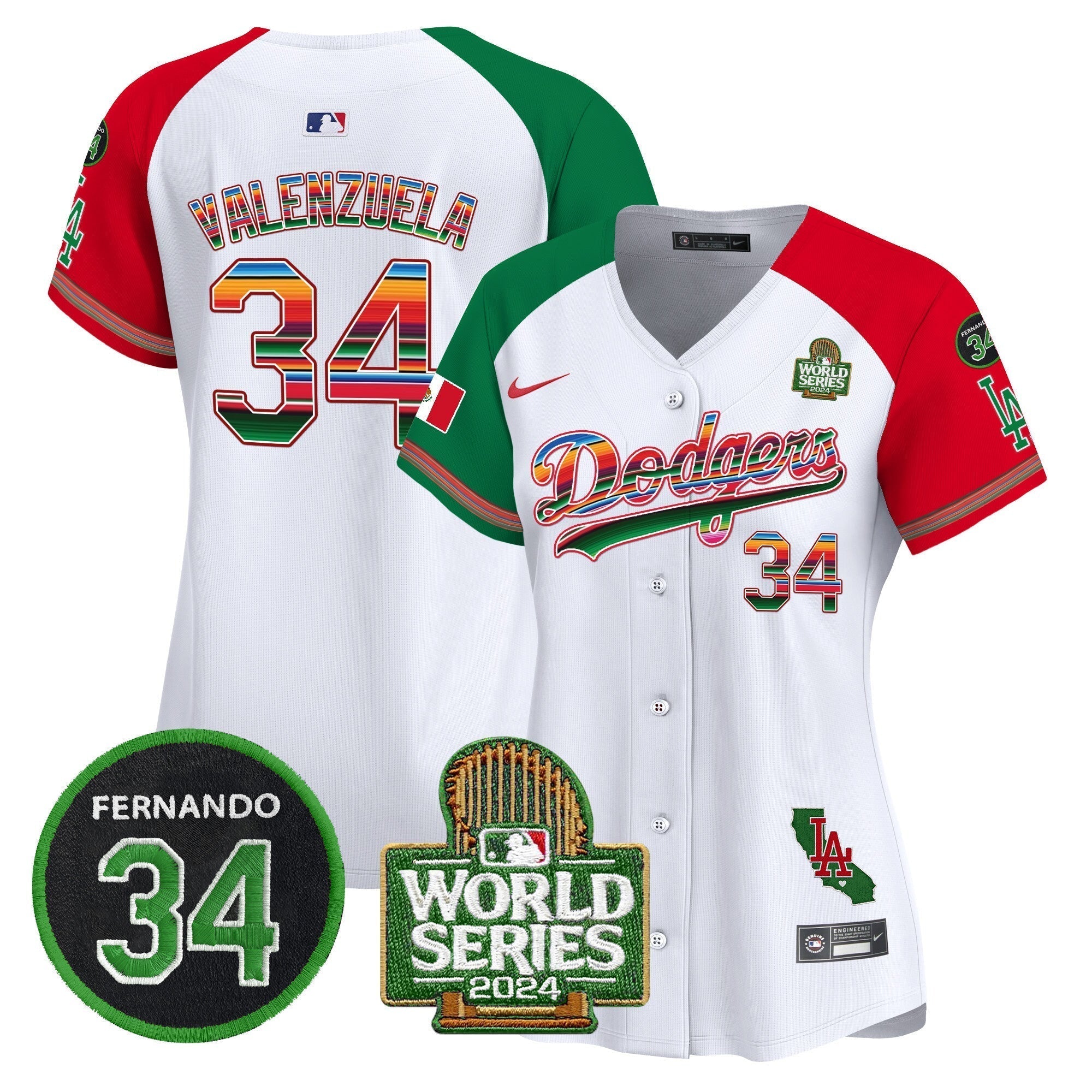 Women's Dodgers Mexico Fernando Memorial & 2024 World Series Patch Vapor Premier Limited Jersey V2 - Stitched