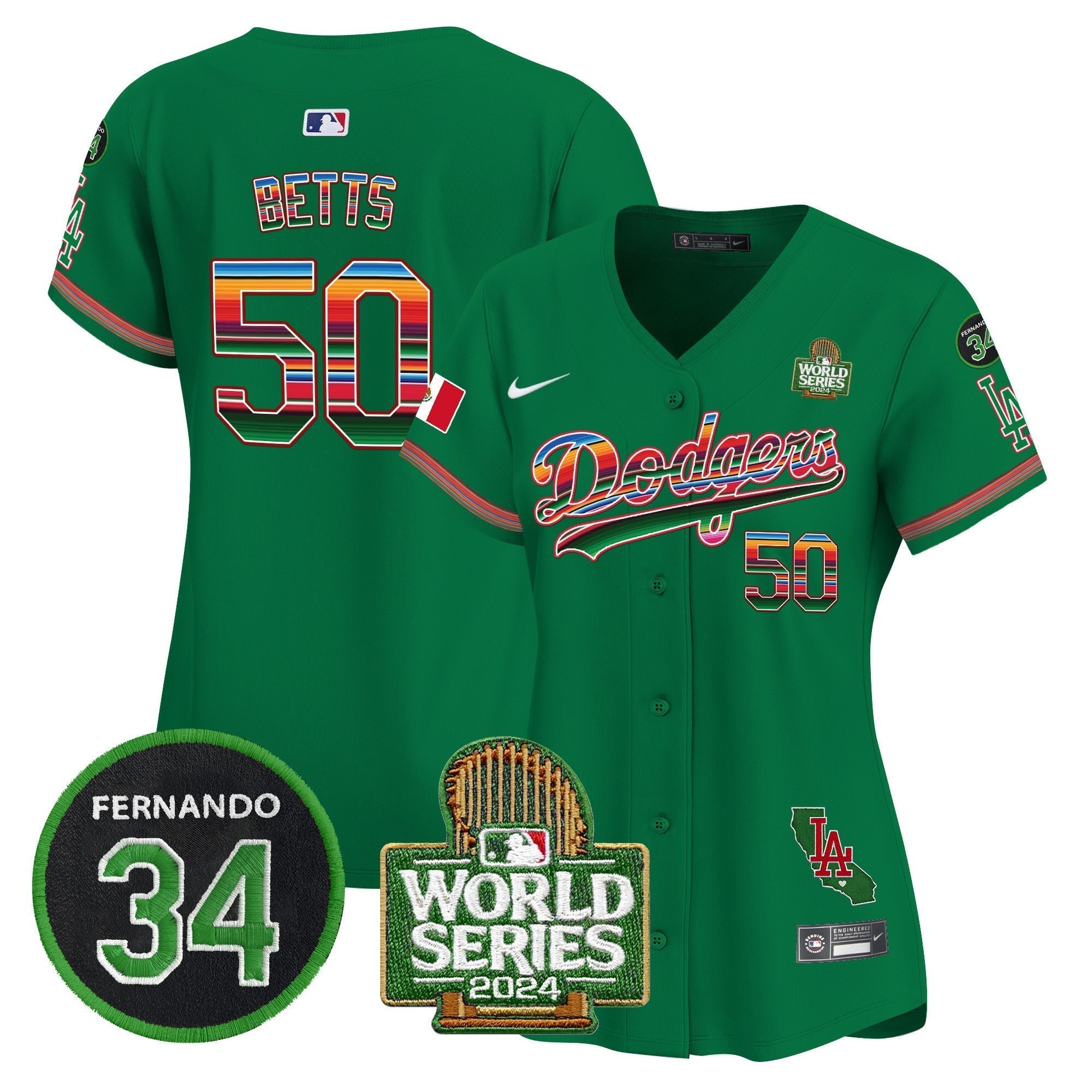 Women's Dodgers Mexico Fernando Memorial & 2024 World Series Patch Vapor Premier Limited Jersey V2 - Stitched