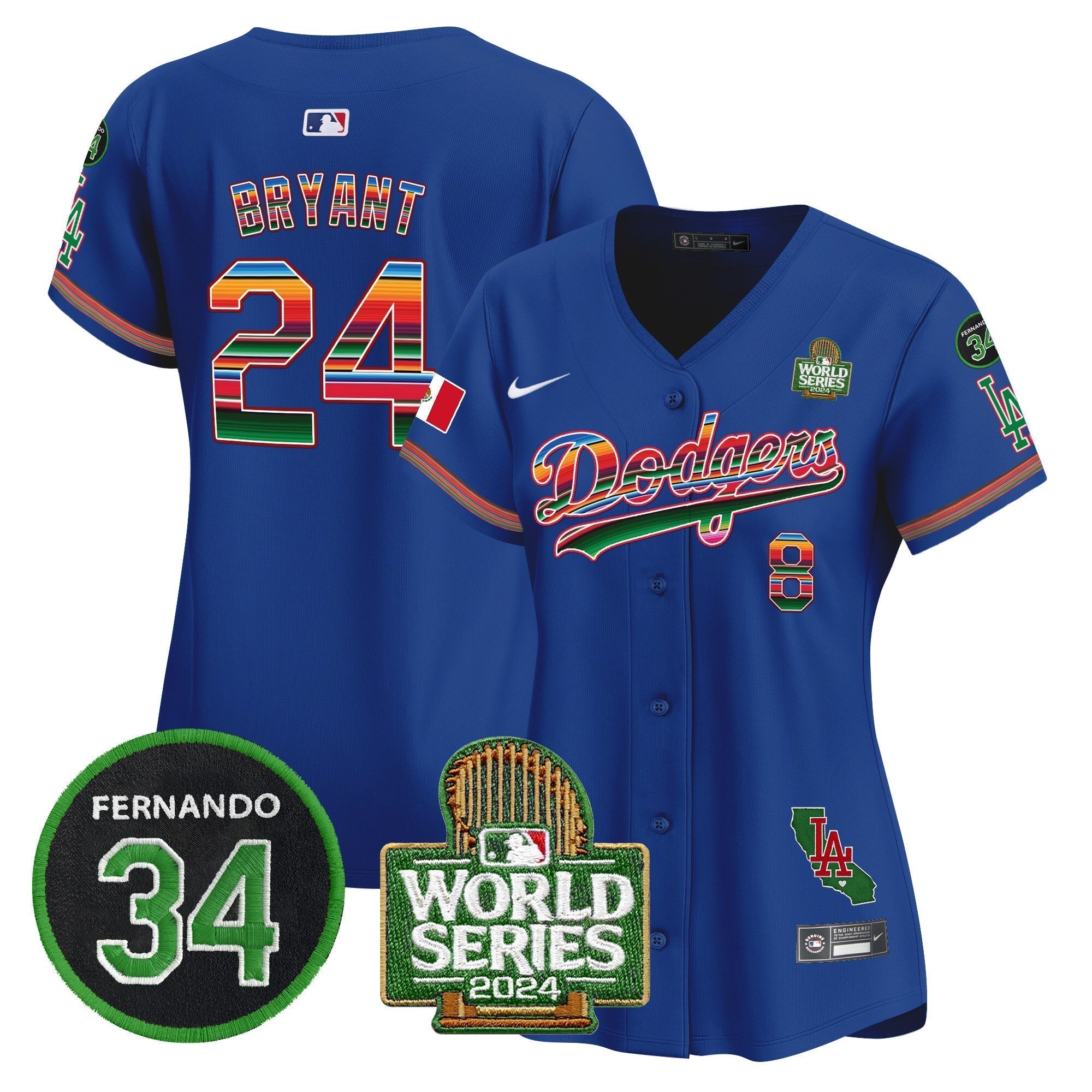 Women's Dodgers Mexico Fernando Memorial & 2024 World Series Patch Vapor Premier Limited Jersey V2 - Stitched