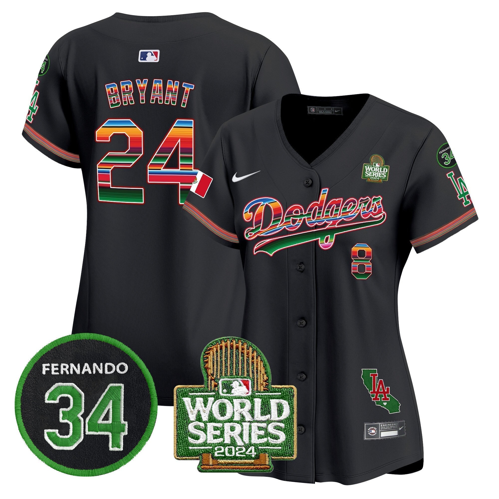 Women's Dodgers Mexico Fernando Memorial & 2024 World Series Patch Vapor Premier Limited Jersey V2 - Stitched