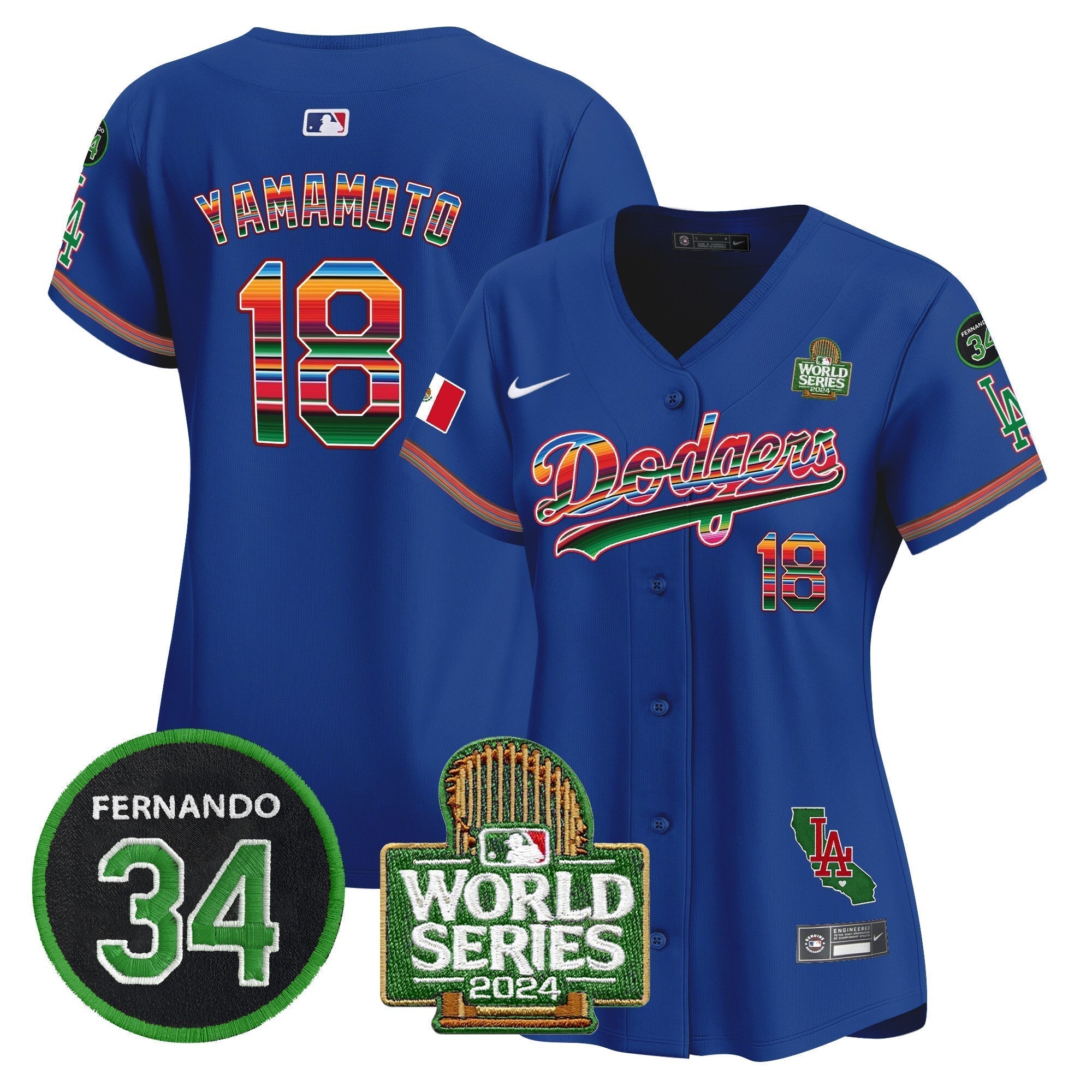 Women's Dodgers Mexico Fernando Memorial & 2024 World Series Patch Vapor Premier Limited Jersey V2 - Stitched