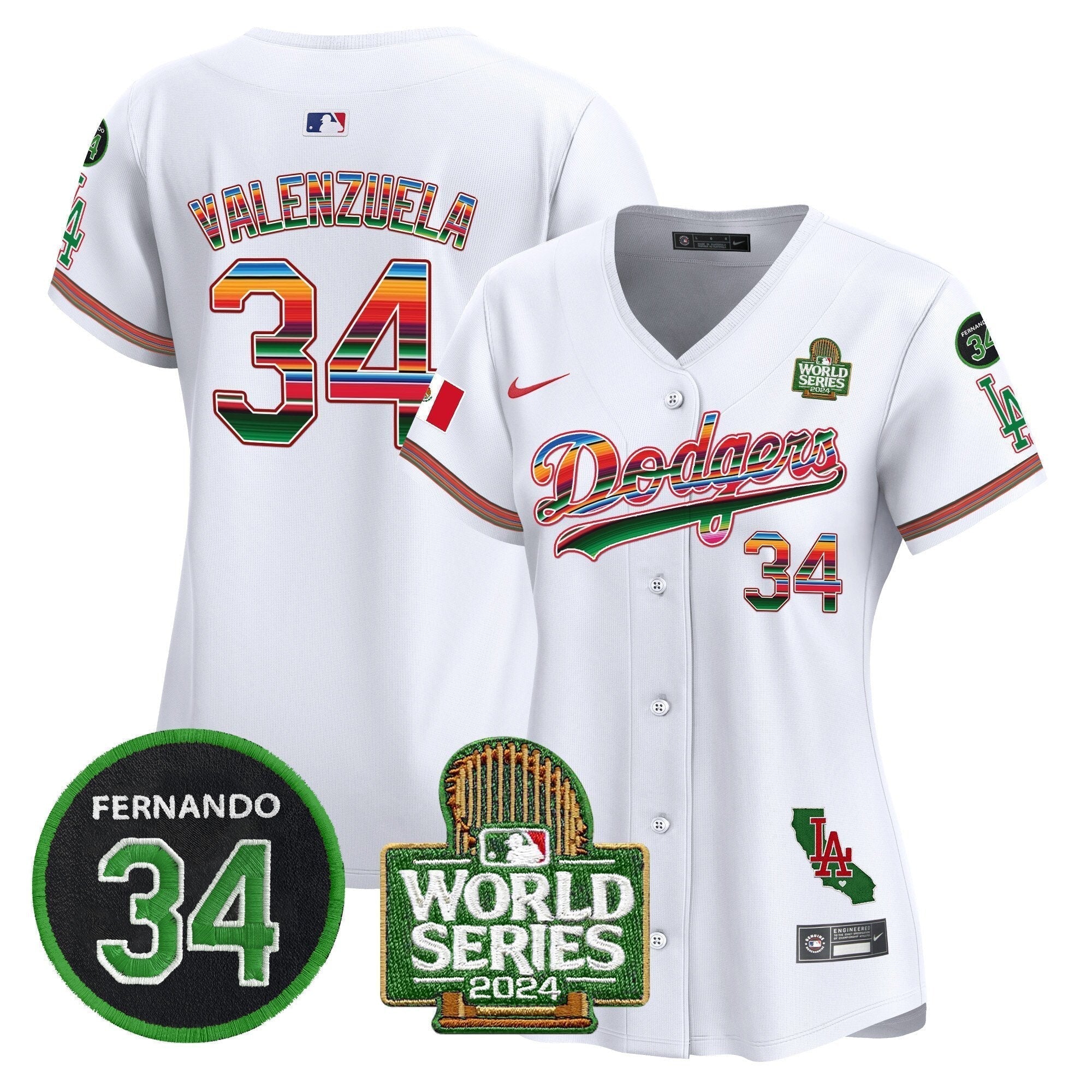 Women's Dodgers Mexico Fernando Memorial & 2024 World Series Patch Vapor Premier Limited Jersey V2 - Stitched