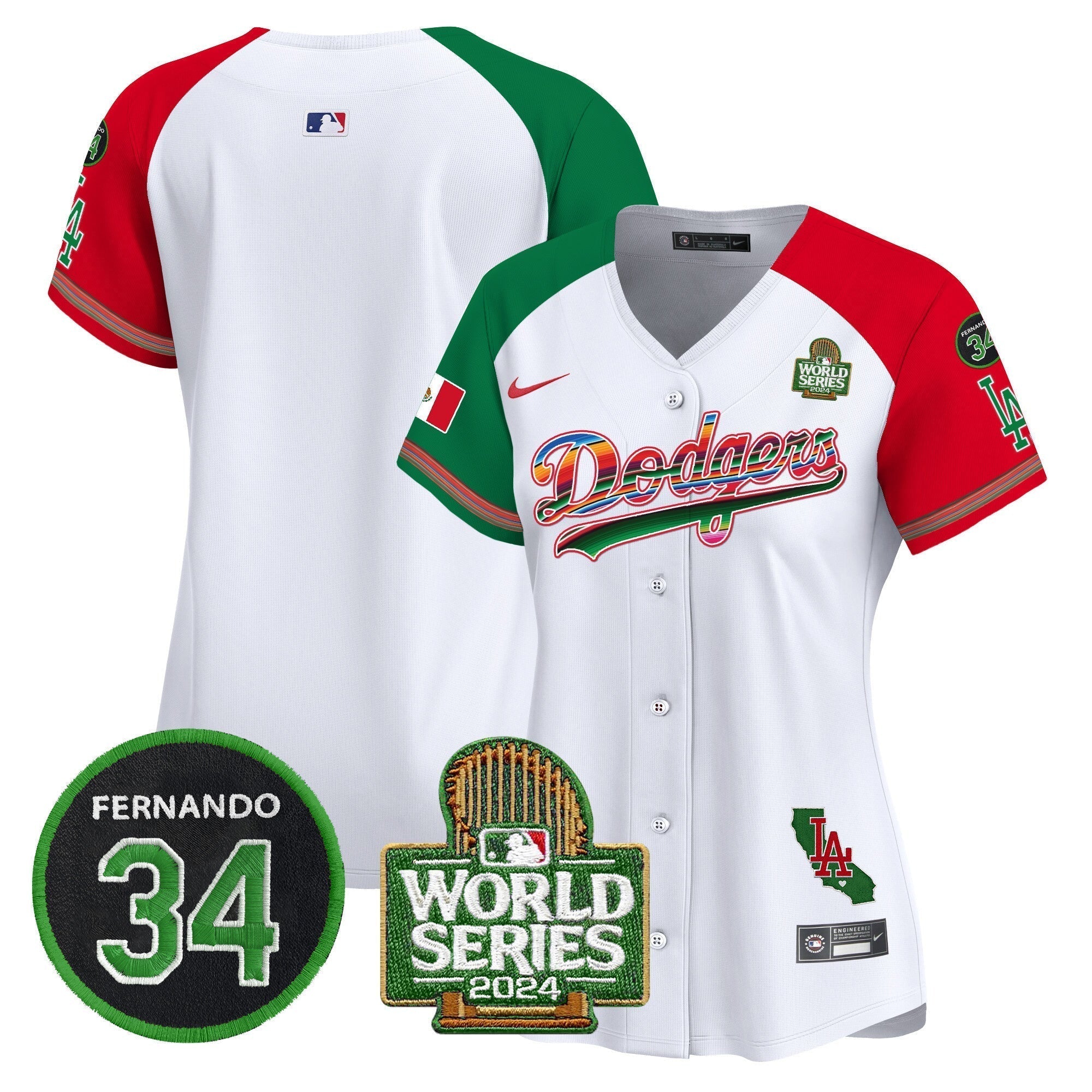 Women's Dodgers Mexico Fernando Memorial & 2024 World Series Patch Vapor Premier Limited Jersey V2 - Stitched