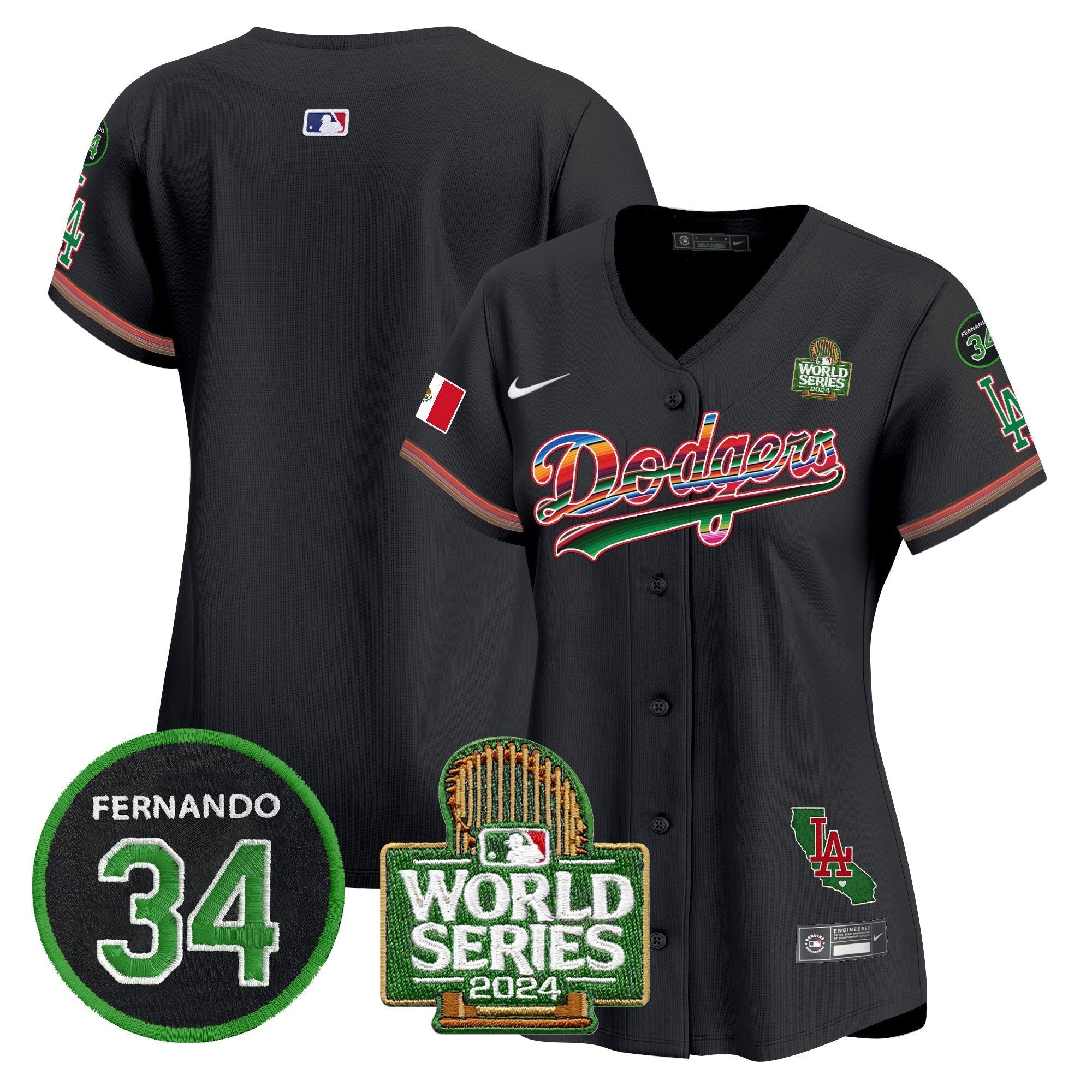 Women's Dodgers Mexico Fernando Memorial & 2024 World Series Patch Vapor Premier Limited Jersey V2 - Stitched