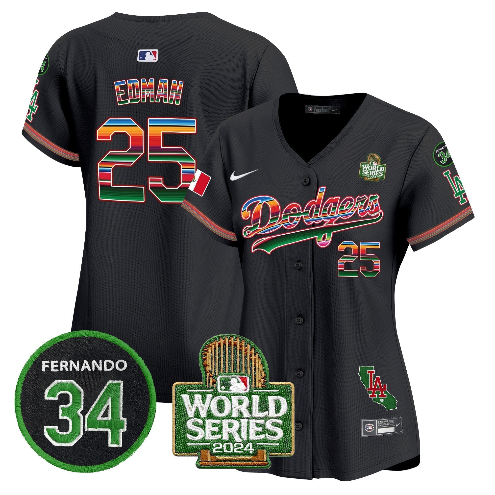 Women's Dodgers Mexico Fernando Memorial & 2024 World Series Patch Vapor Premier Limited Jersey V2 - Stitched