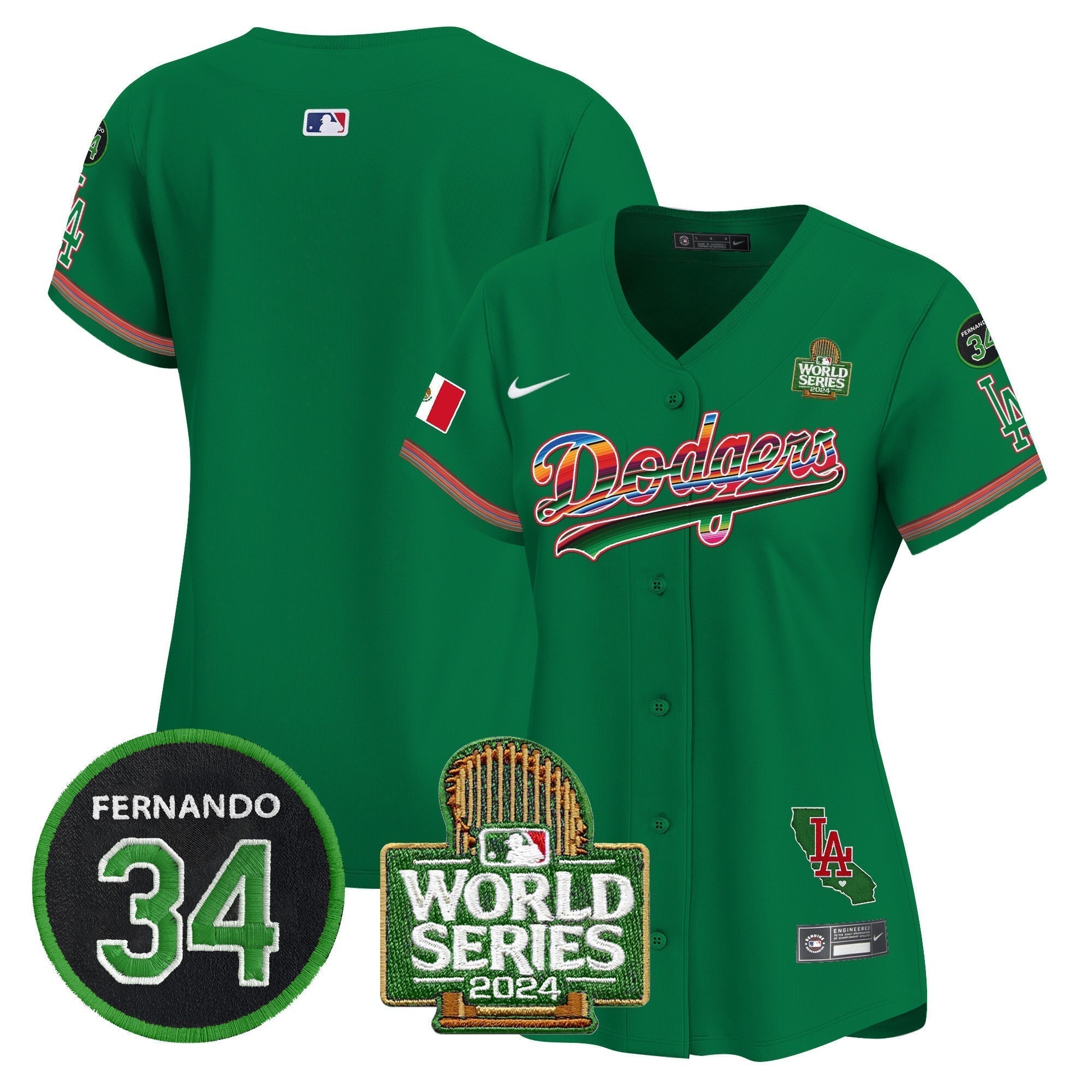 Women's Dodgers Mexico Fernando Memorial & 2024 World Series Patch Vapor Premier Limited Jersey V2 - Stitched