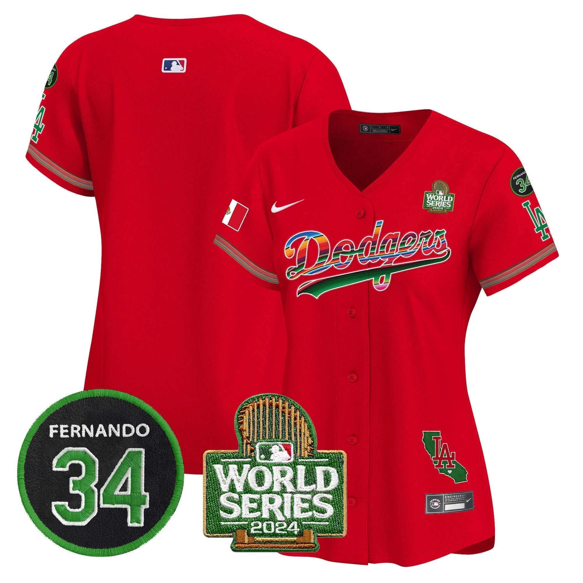 Women's Dodgers Mexico Fernando Memorial & 2024 World Series Patch Vapor Premier Limited Jersey V2 - Stitched