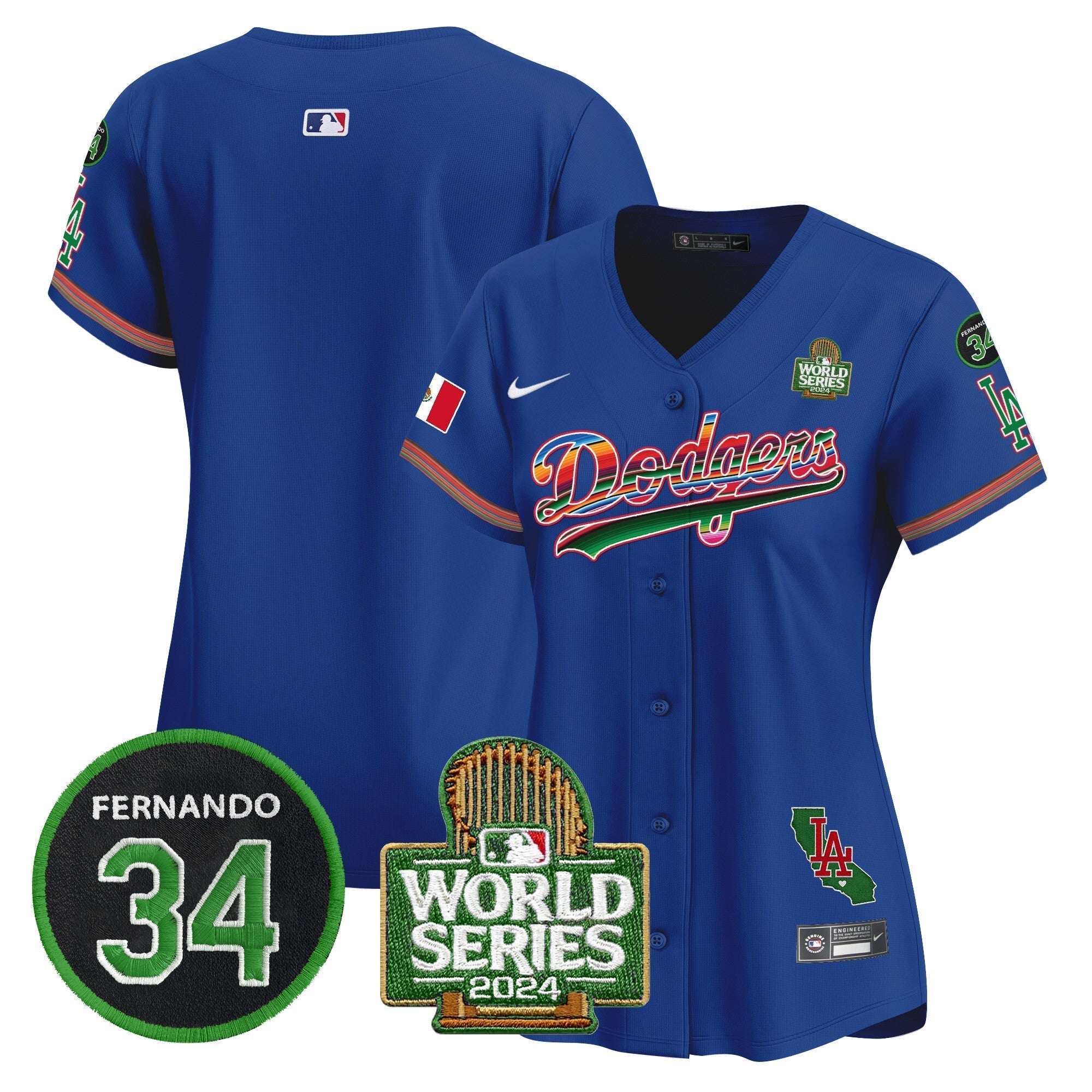 Women's Dodgers Mexico Fernando Memorial & 2024 World Series Patch Vapor Premier Limited Jersey V2 - Stitched