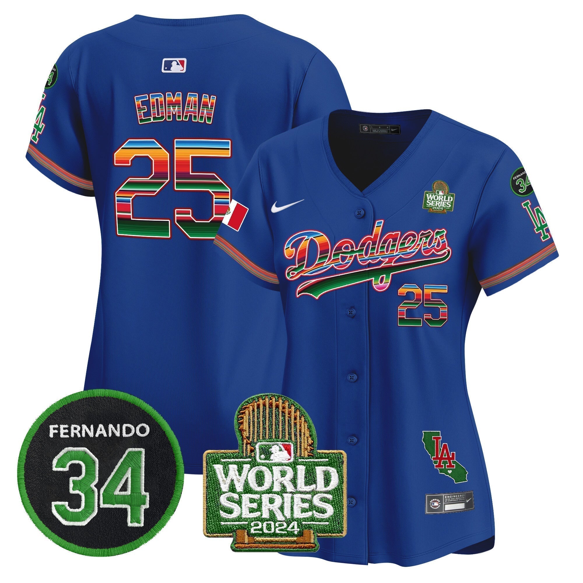 Women's Dodgers Mexico Fernando Memorial & 2024 World Series Patch Vapor Premier Limited Jersey V2 - Stitched