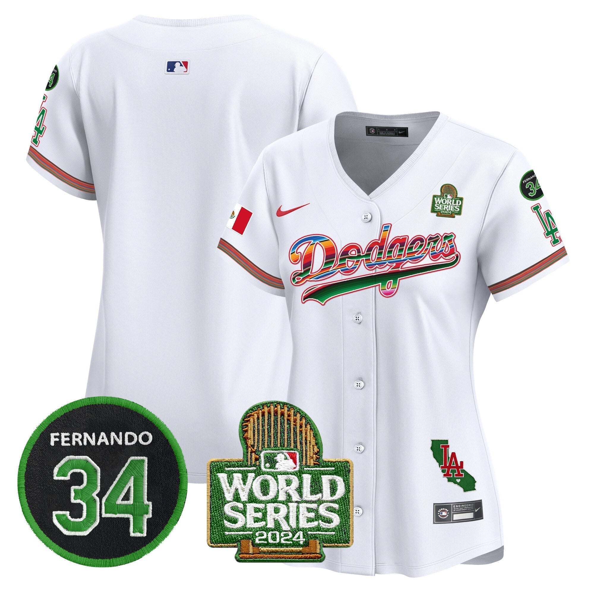 Women's Dodgers Mexico Fernando Memorial & 2024 World Series Patch Vapor Premier Limited Jersey V2 - Stitched