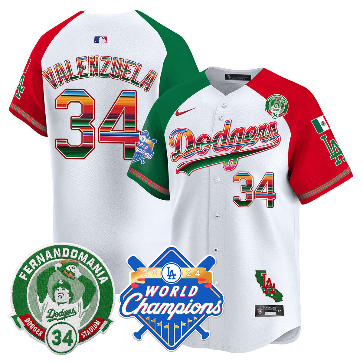 Dodgers Mexico Fernando Memorial & 2024 World Series Champions Patch Jersey - Stitched
