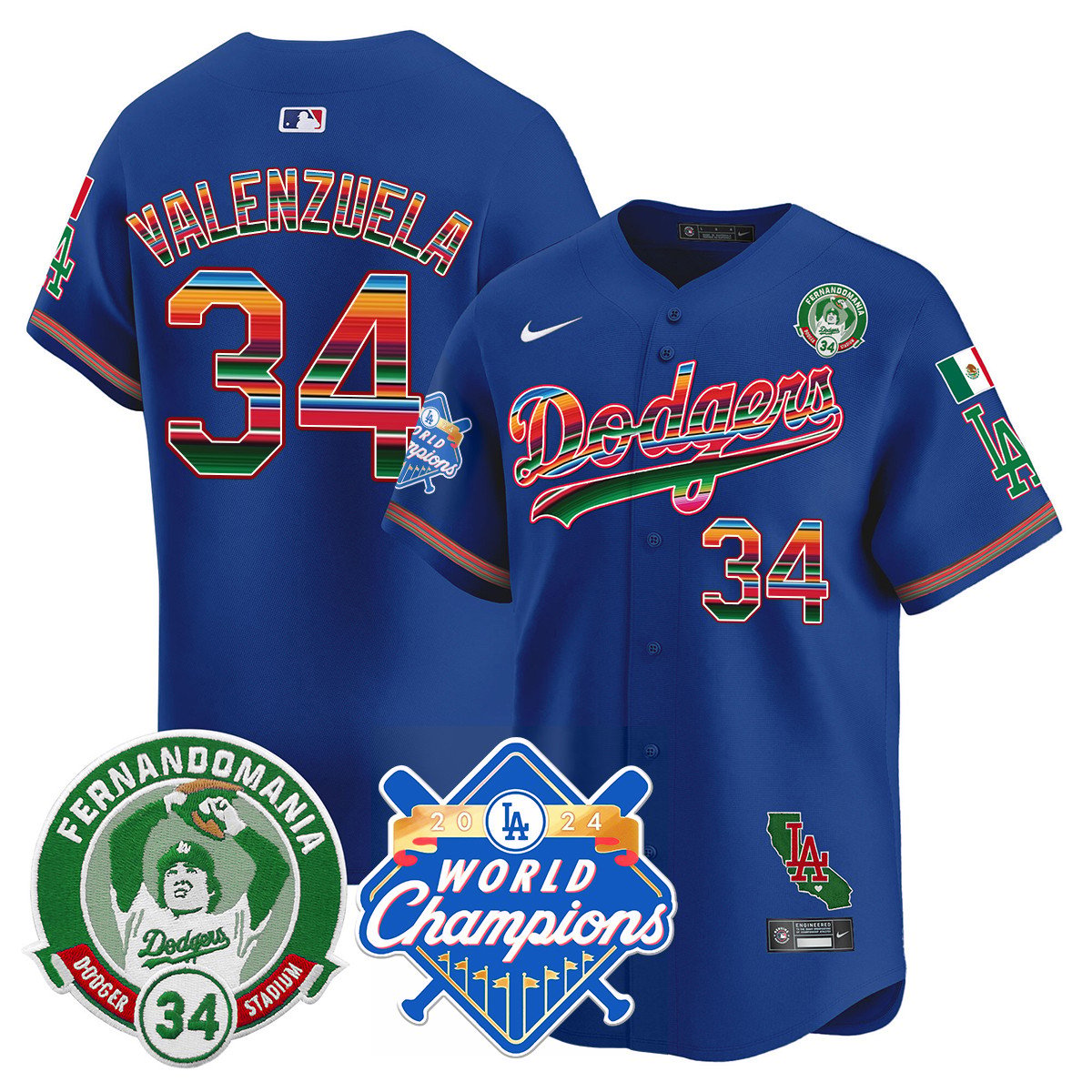 Dodgers Mexico Fernando Memorial & 2024 World Series Champions Patch Jersey - Stitched