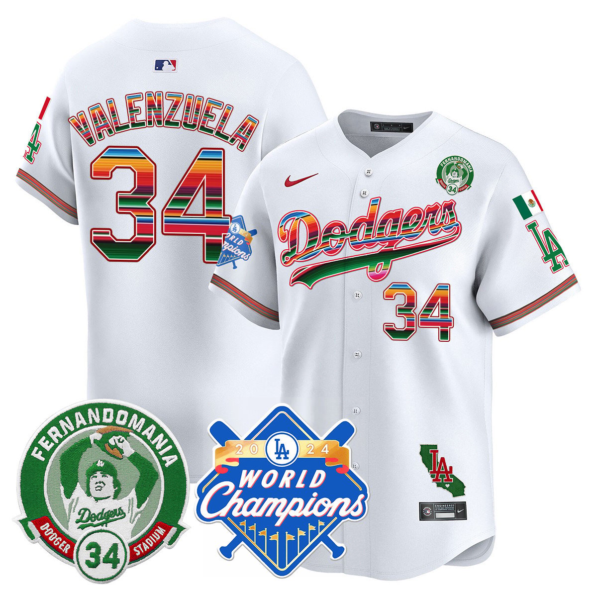 Dodgers Mexico Fernando Memorial & 2024 World Series Champions Patch Jersey - Stitched