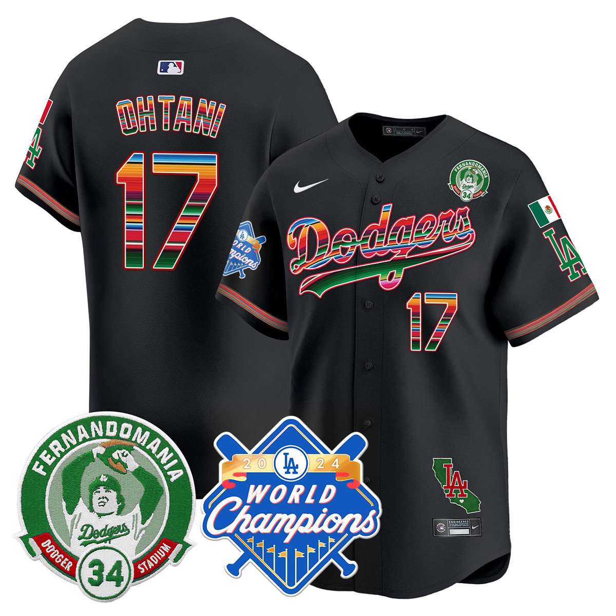 Dodgers Mexico Fernando Memorial & 2024 World Series Champions Patch Jersey - Stitched