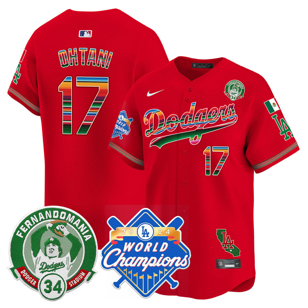 Dodgers Mexico Fernando Memorial & 2024 World Series Champions Patch Jersey - Stitched