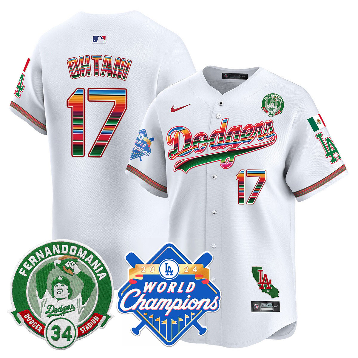 Dodgers Mexico Fernando Memorial & 2024 World Series Champions Patch Jersey - Stitched