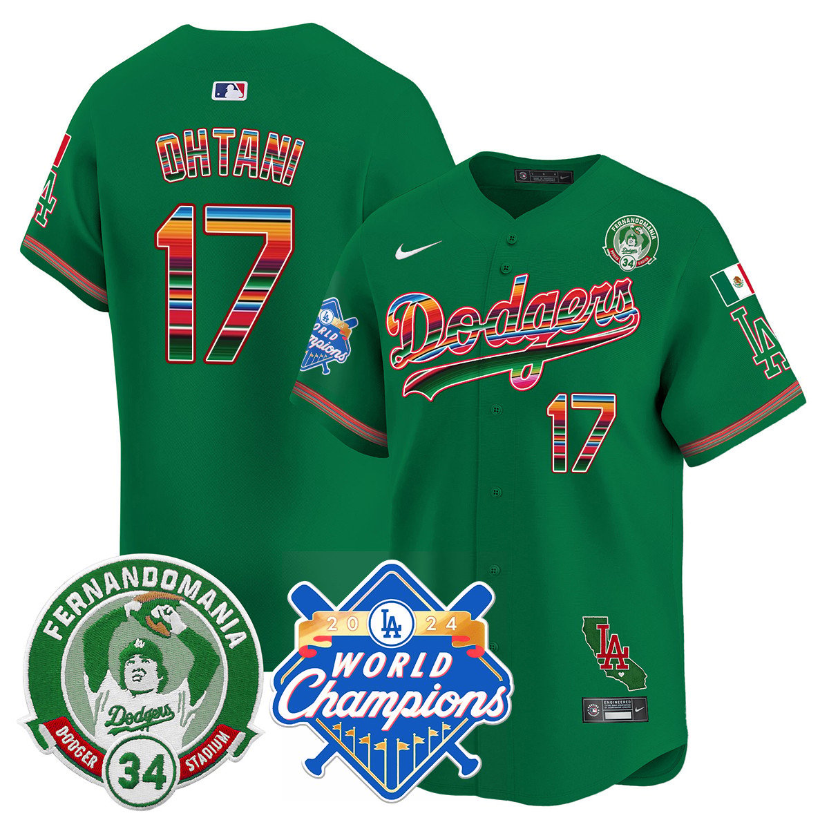 Dodgers Mexico Fernando Memorial & 2024 World Series Champions Patch Jersey - Stitched