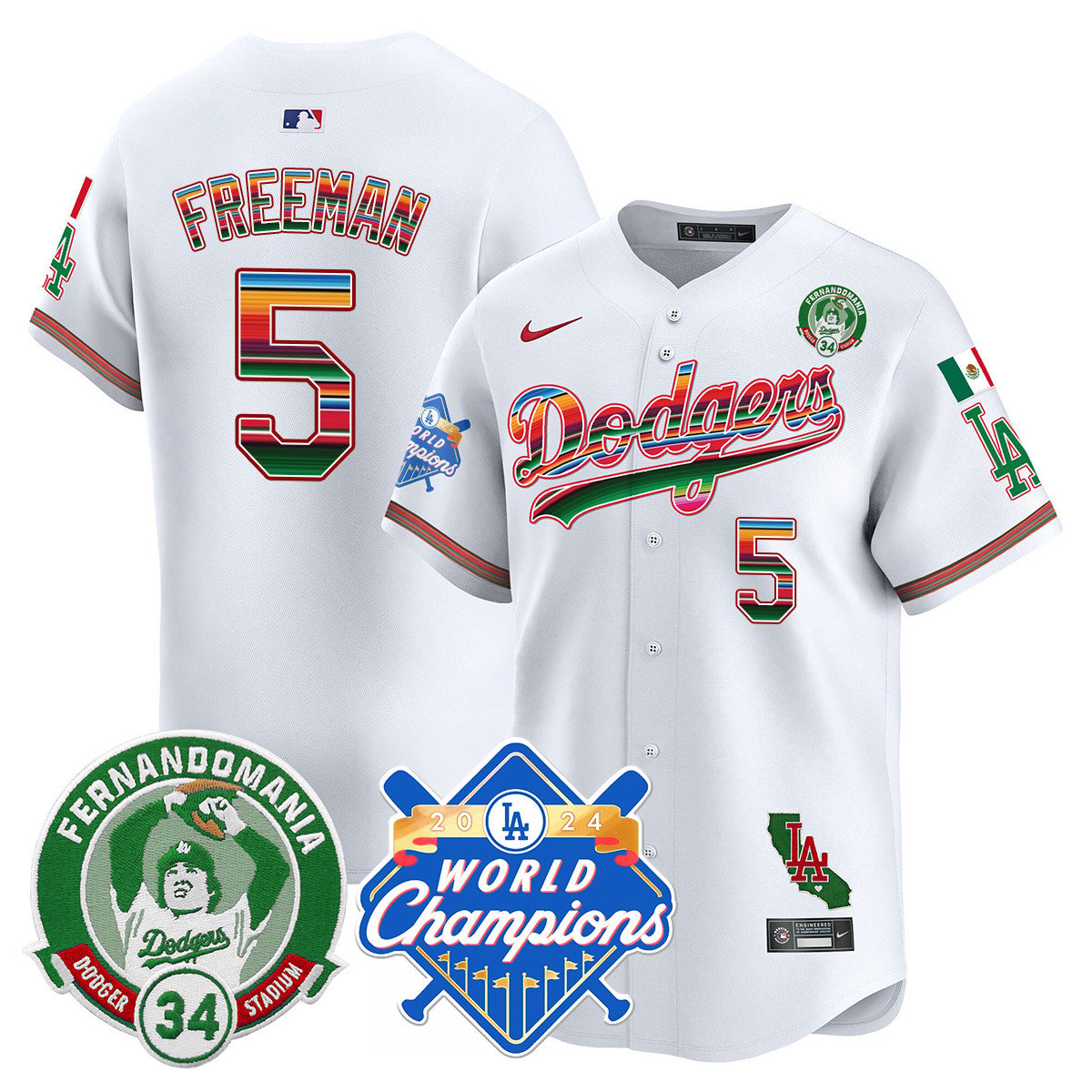 Dodgers Mexico Fernando Memorial & 2024 World Series Champions Patch Jersey - Stitched