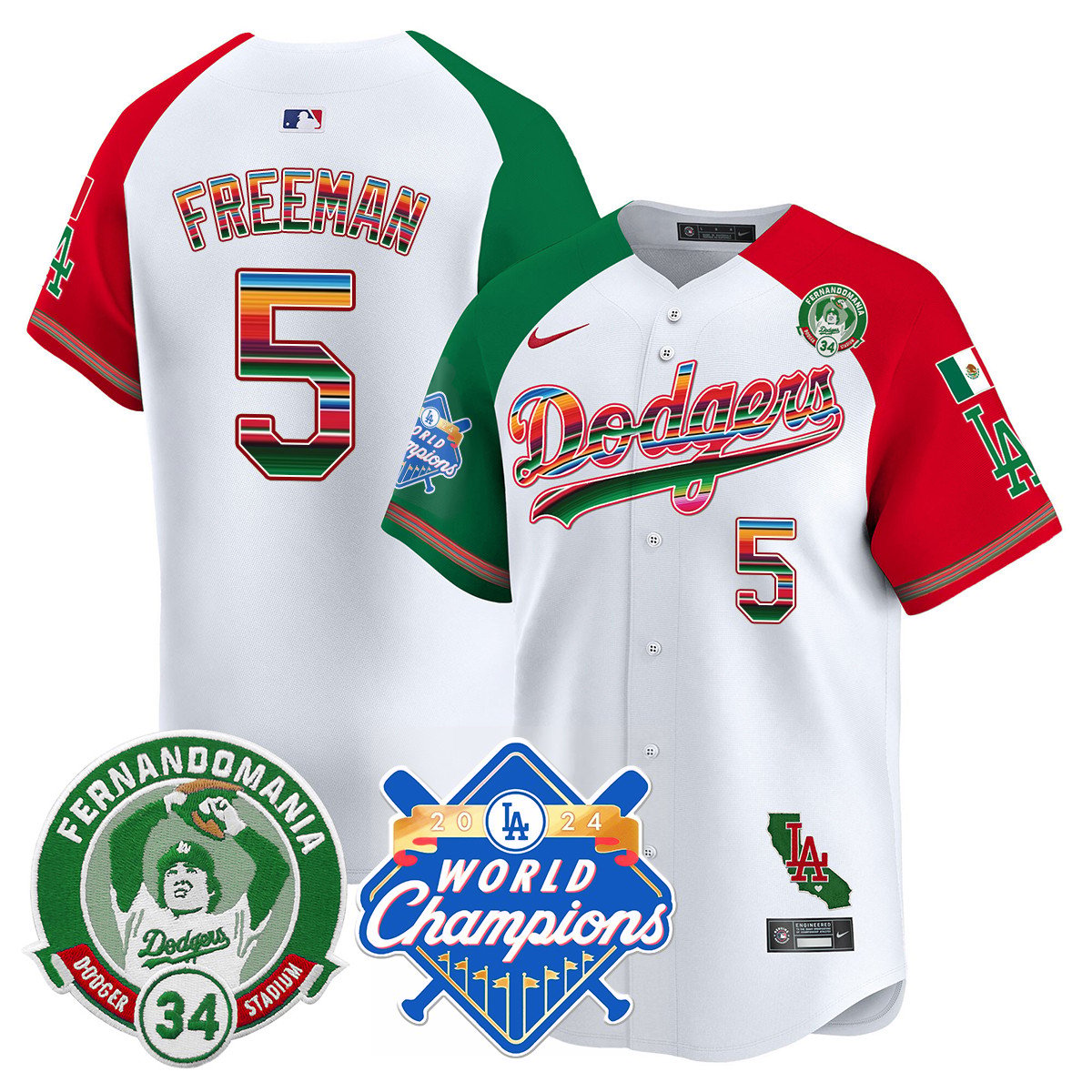 Dodgers Mexico Fernando Memorial & 2024 World Series Champions Patch Jersey - Stitched