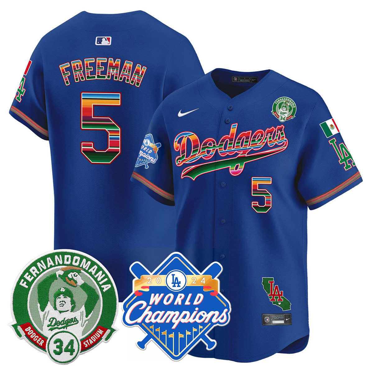 Dodgers Mexico Fernando Memorial & 2024 World Series Champions Patch Jersey - Stitched