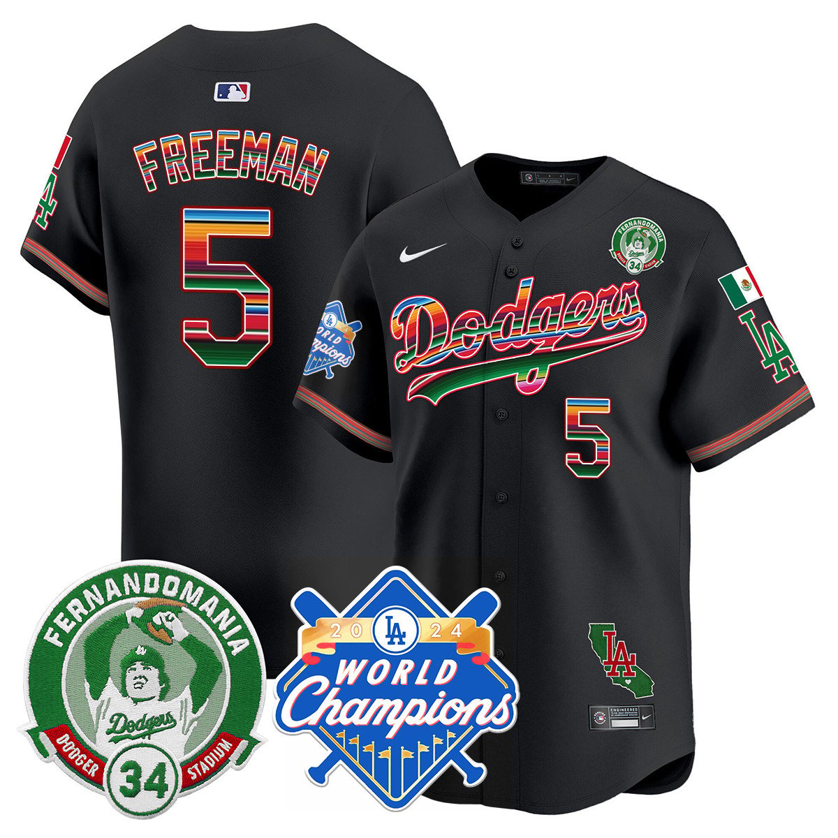 Dodgers Mexico Fernando Memorial & 2024 World Series Champions Patch Jersey - Stitched