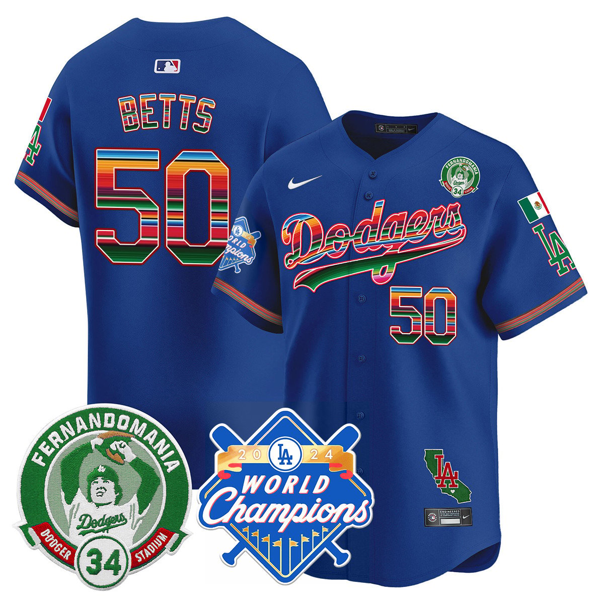 Dodgers Mexico Fernando Memorial & 2024 World Series Champions Patch Jersey - Stitched