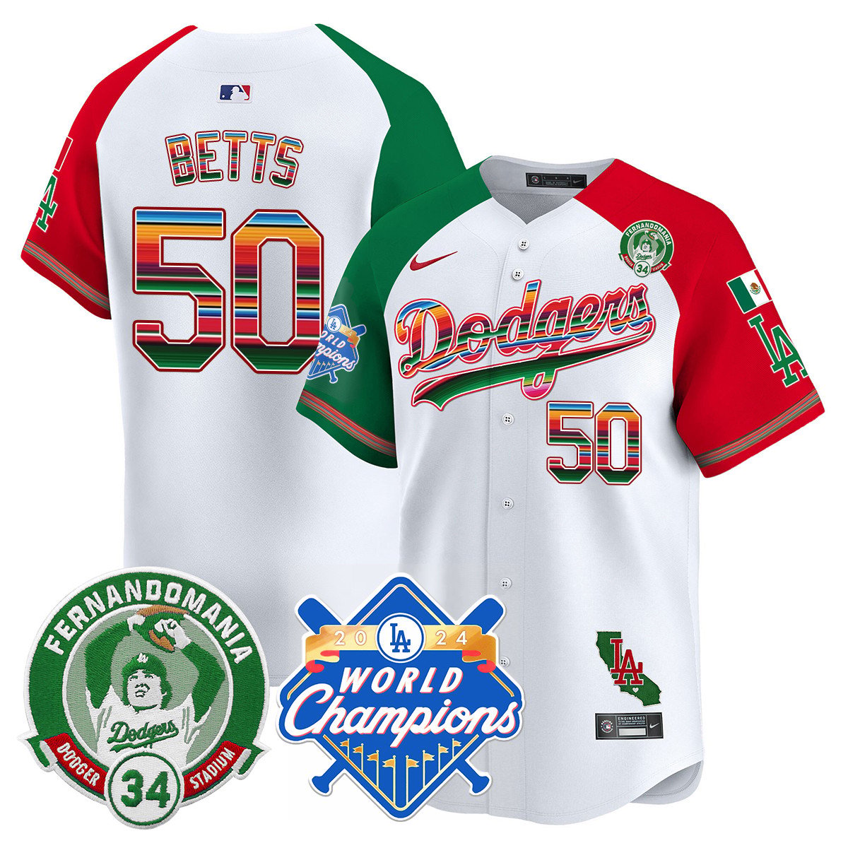 Dodgers Mexico Fernando Memorial & 2024 World Series Champions Patch Jersey - Stitched