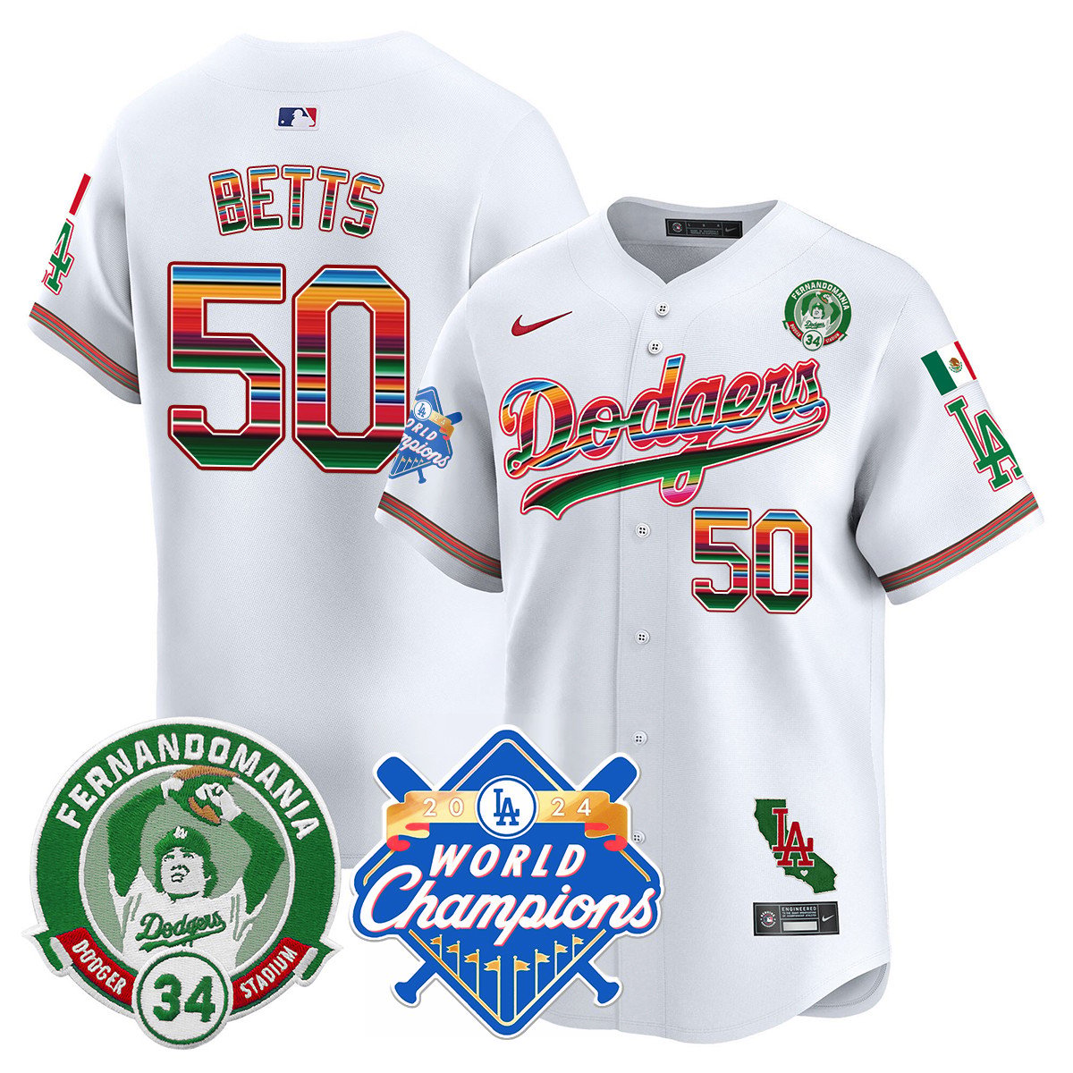 Dodgers Mexico Fernando Memorial & 2024 World Series Champions Patch Jersey - Stitched
