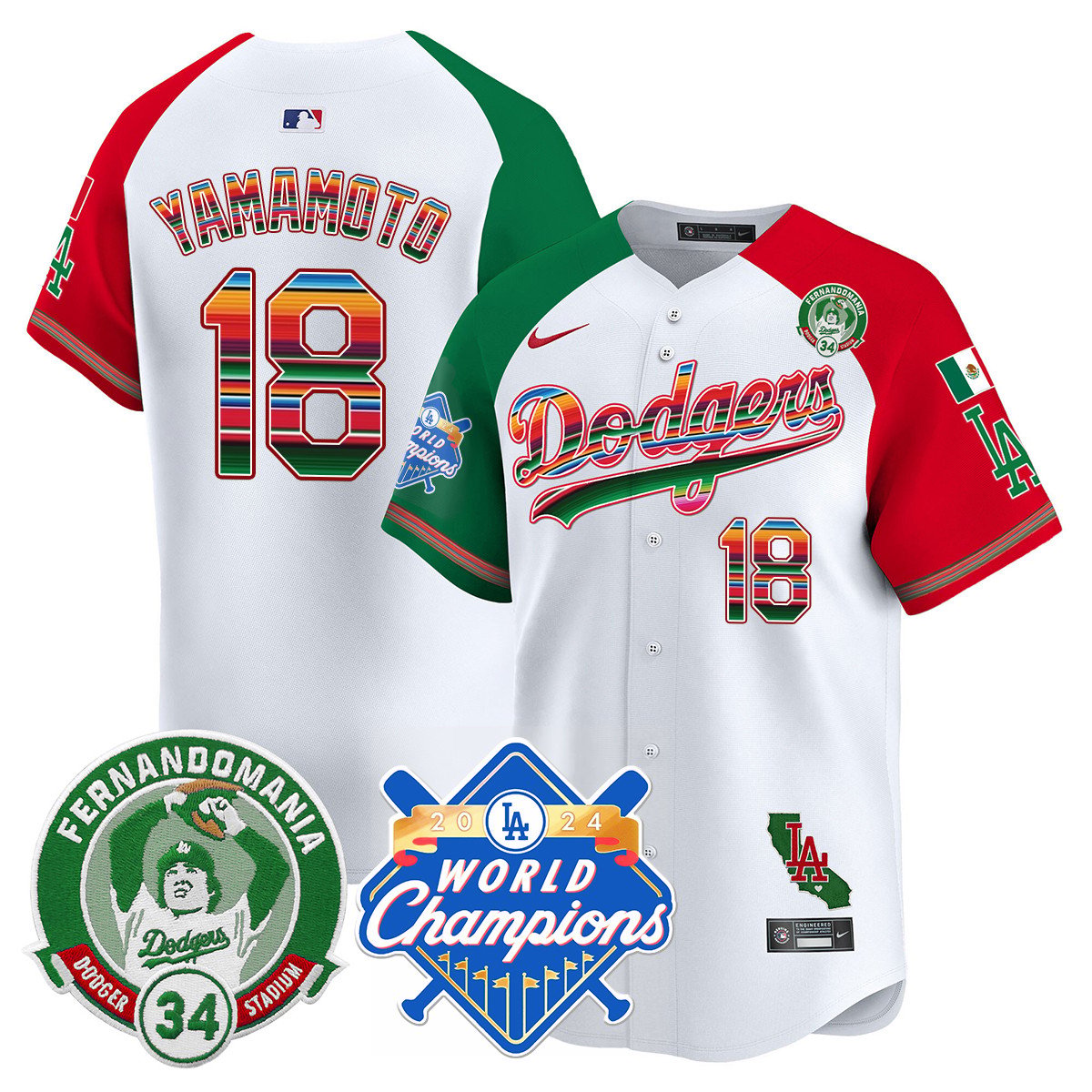 Dodgers Mexico Fernando Memorial & 2024 World Series Champions Patch Jersey - Stitched