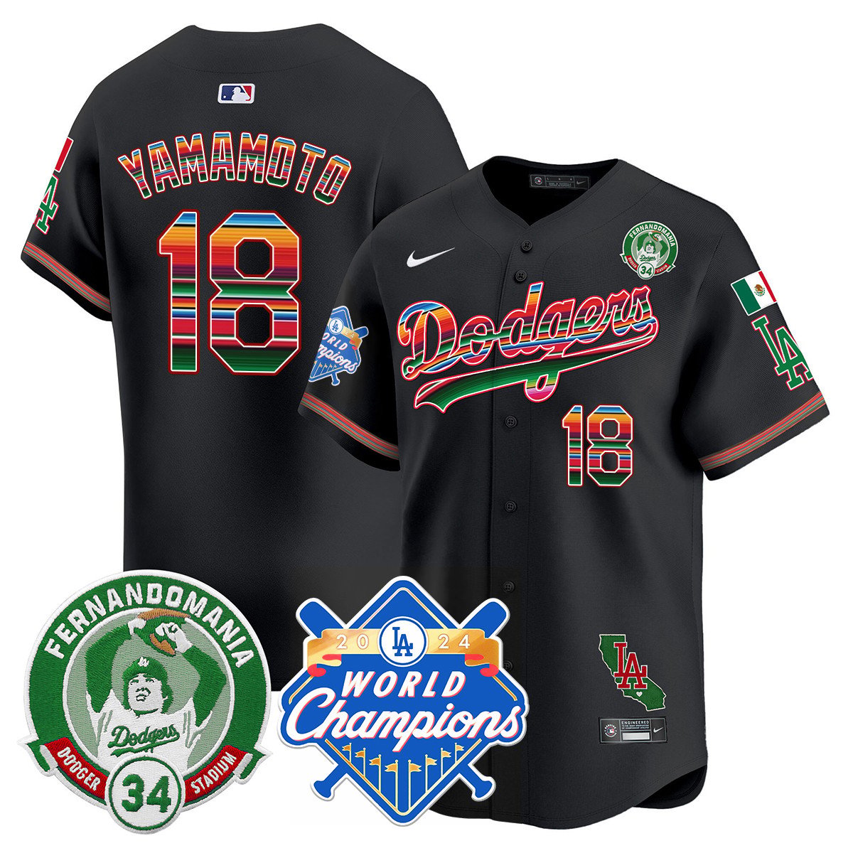 Dodgers Mexico Fernando Memorial & 2024 World Series Champions Patch Jersey - Stitched