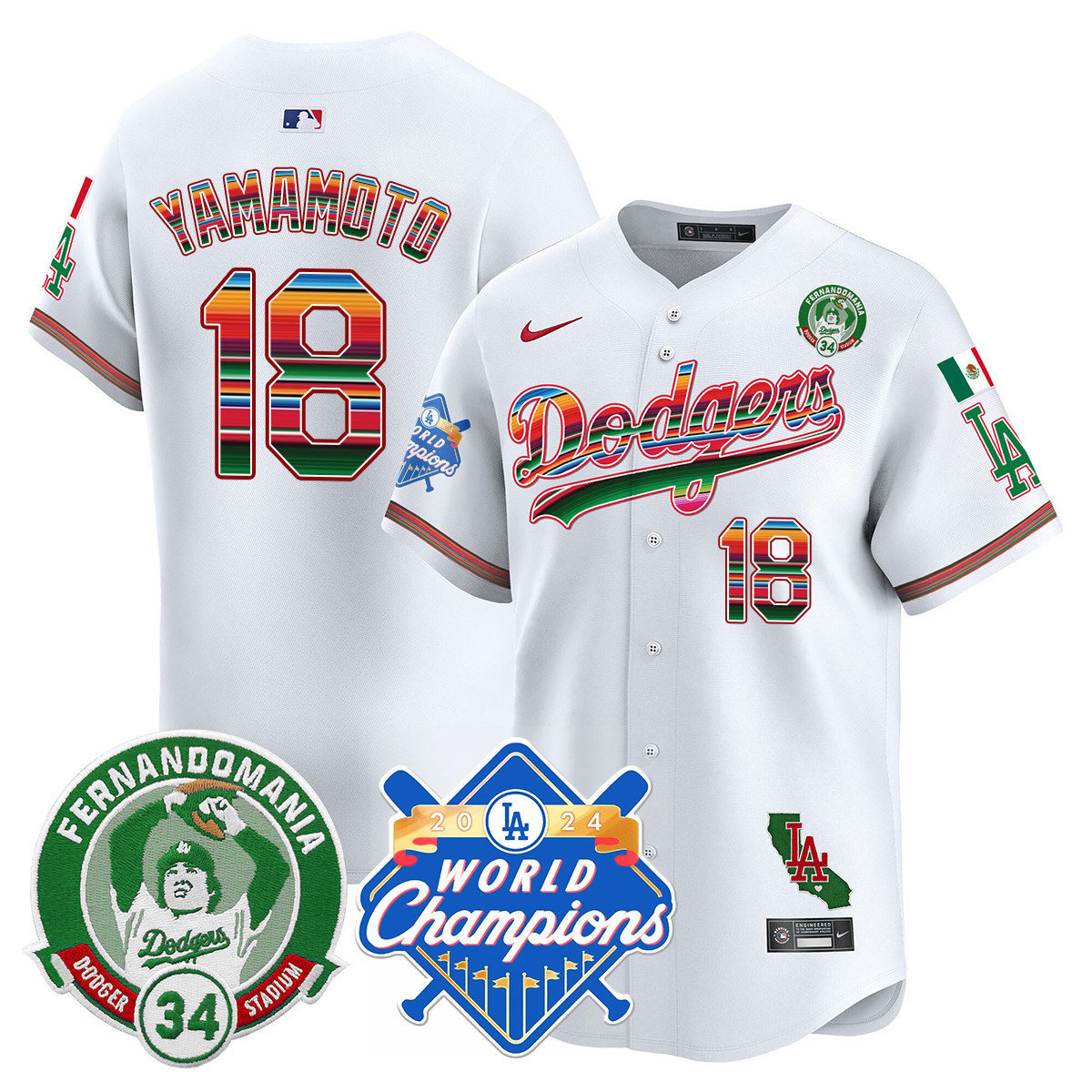 Dodgers Mexico Fernando Memorial & 2024 World Series Champions Patch Jersey - Stitched